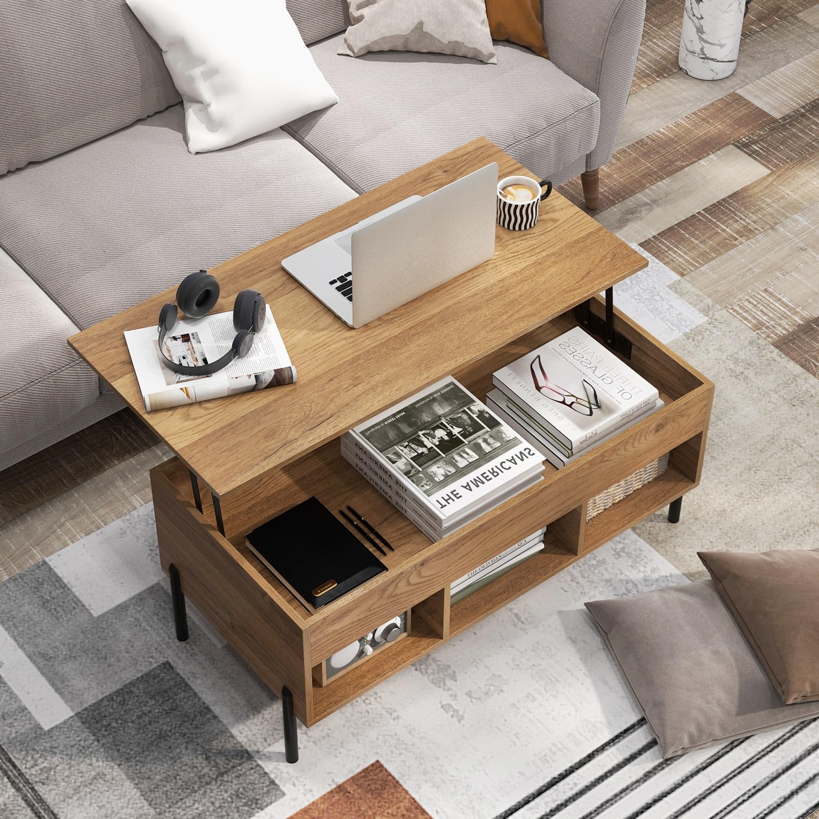 LIFEZEAL Mesa de Centro con Tablero elevable y 3 Compartimentos, Espacio de Almacenamiento Oculto, Moderna Mesa de café de Madera con 4 Patas robustas, 100x50x59,5cm