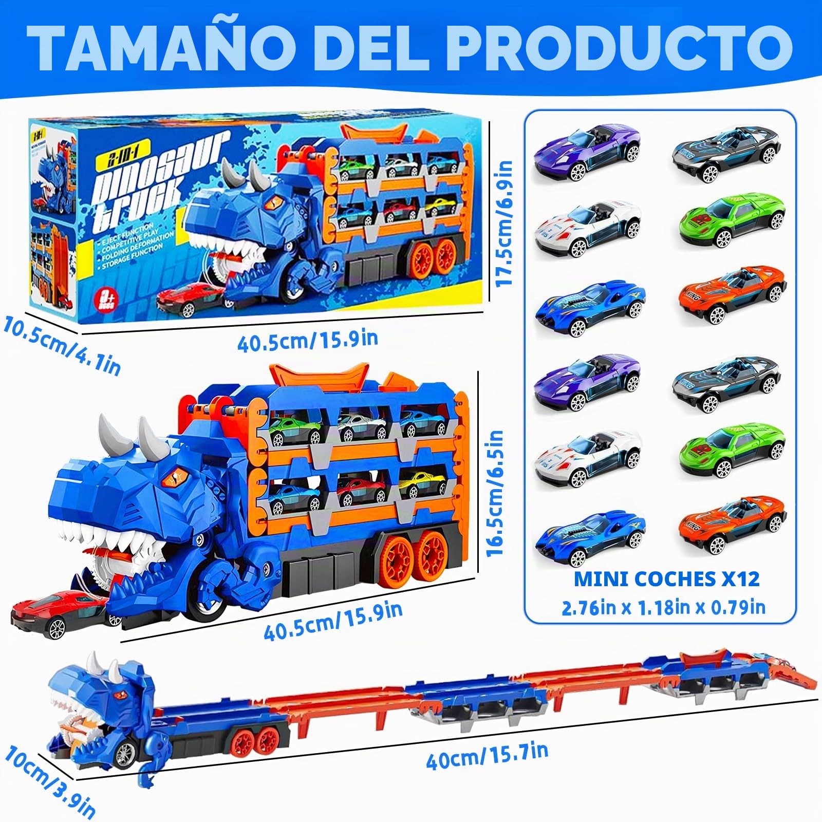 Camión de Transporte de Dinosaurio Juguete para Niños, Juguete 3 en 1 Pista Plegable con Lanzador, Camión Transporte Portátil con 12 Coches de Carreras, Regalo para Niños de 3 4 5 6 7 8 Años