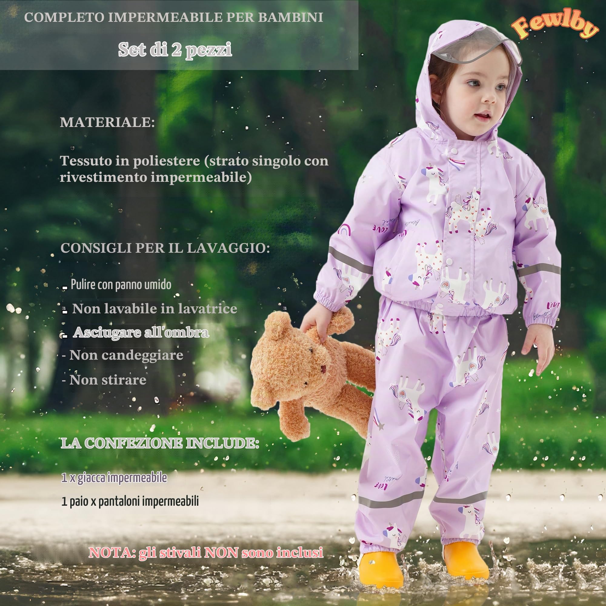 Fewlby Tuta Impermeabile Bambina - Giacca Antipioggia & Pantaloni Impermeabili 2 Pezzi Set, Tuta Pioggia Bambino Mantellina Impermeabile con cappuccio Pantaloni Antipioggia per 1-7 anni