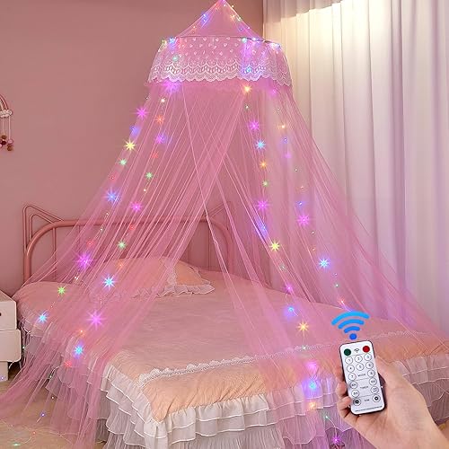 Unicorn Castle Bed Canopy for Girls Princess Canopy Bed Curtains Room Decor Dome Bed Net Canopy with Timed Light Bedroom Decor, Pink