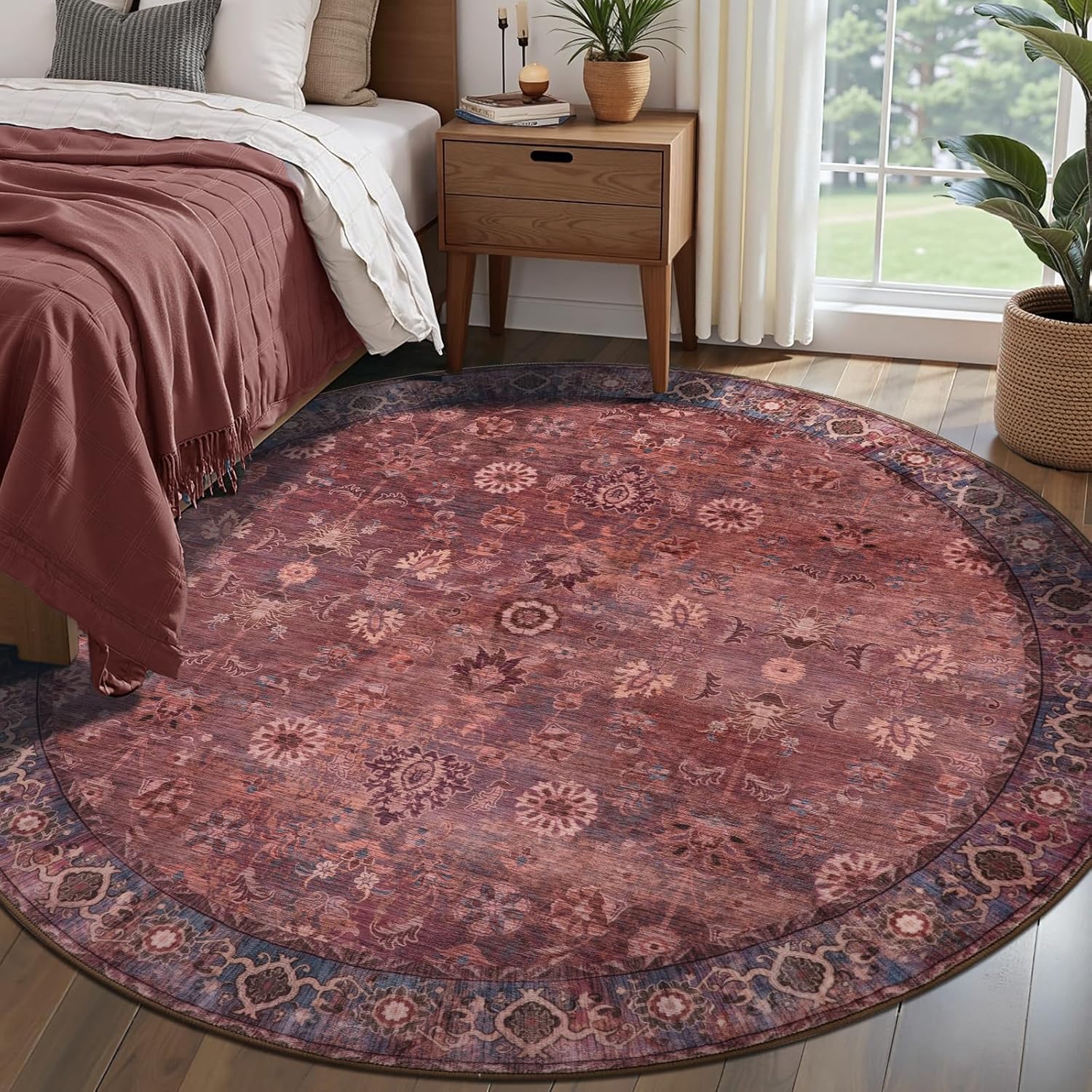Tangsoo Vintage Round Area Rug 5ft,Washable Rust Red Circle Rug Non Slip
