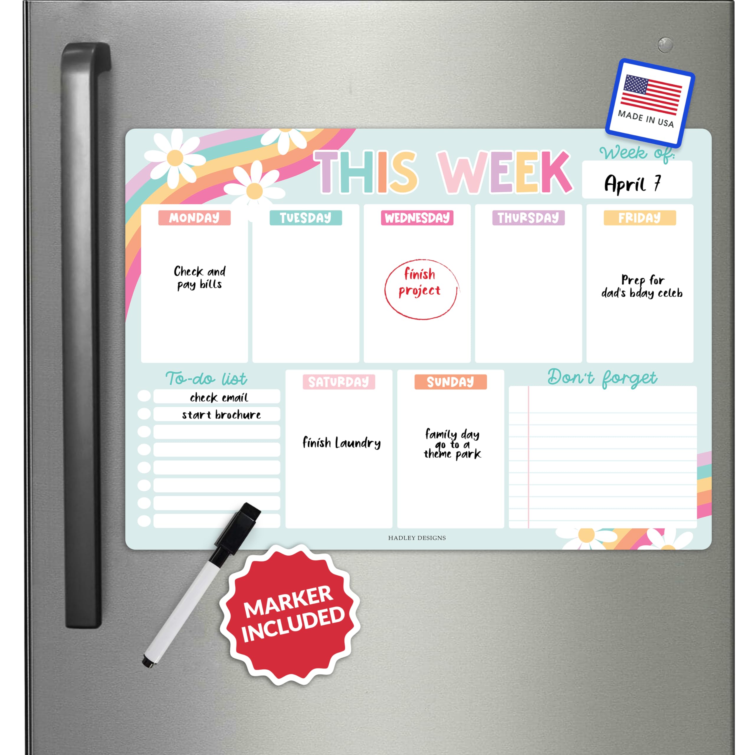 Hadley Designs Weekly Magnetic Calendar for Refrigerator, Dry Erase Board for Fridge, Magnetic Weekly Planner for Kitchen, Reusable Schedule Organizer