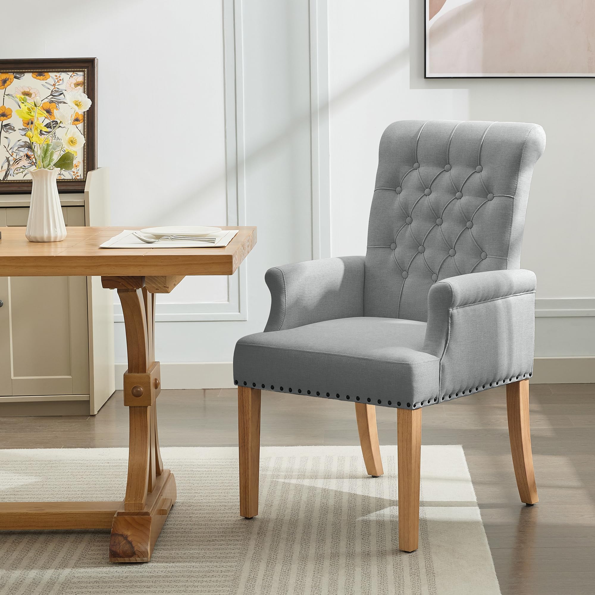 WUTUTUEE Fabric Dining Chair with Arms, Upholstered Tufted High Back Dining Room Chairs, Accent Armchair with Solid Wood Leg and Nailhead Trim,