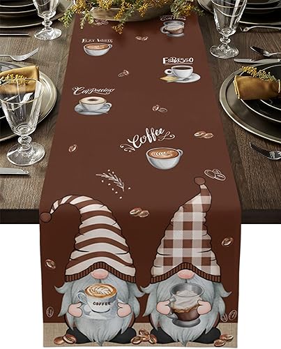 Coffee Time - Bufandas de mesa marrones, lindos gnomos de granos de café, lino y algodón, caminos de mesa para cocina, comedor, cafetería,