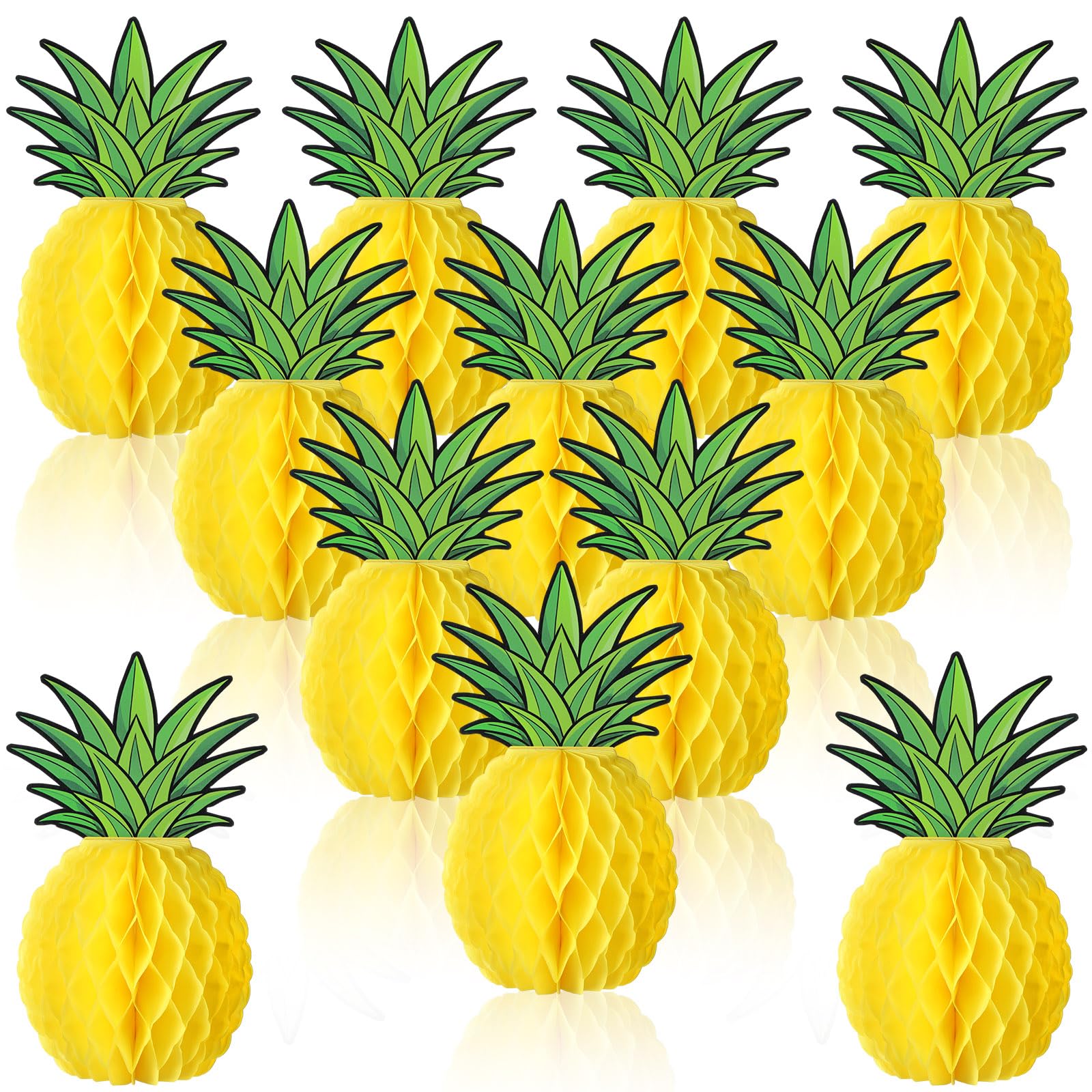 Fourluoo 12 Pcs Large Pineapple Honeycomb Centerpieces 5.5 x 7.9 Inch Tissue Paper Pineapple Table Hanging Decorations for Tropical Luau Hawaiian Jungle Party Supplies Favor