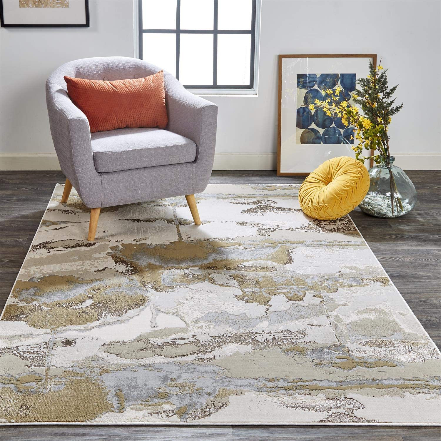 Feizy Rugs - Aura Collection, Contemporary Abstract Area Rug - Gold/Gray 5' x 8'