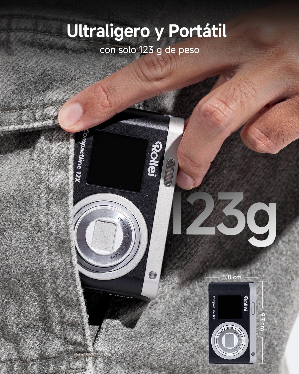 Camara Digital 64MP 4K Rollei Compactline 12X Cámara de Fotos Compacta Zoom Óptico 12x con Doble Pantalla Vlog Camera Portátil para Adolescentes Principiantes, Camara-Fotos-Digital-Camera-Fotográfica