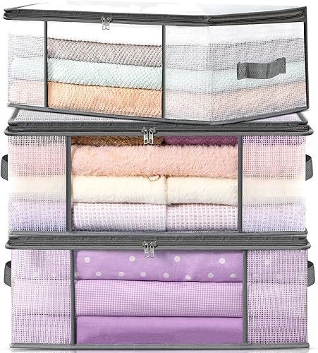 LANDNEOO Paquete de 3 bolsas de almacenamiento de ropa, contenedores plegables de plástico para mantas, contenedor organizador de armario para