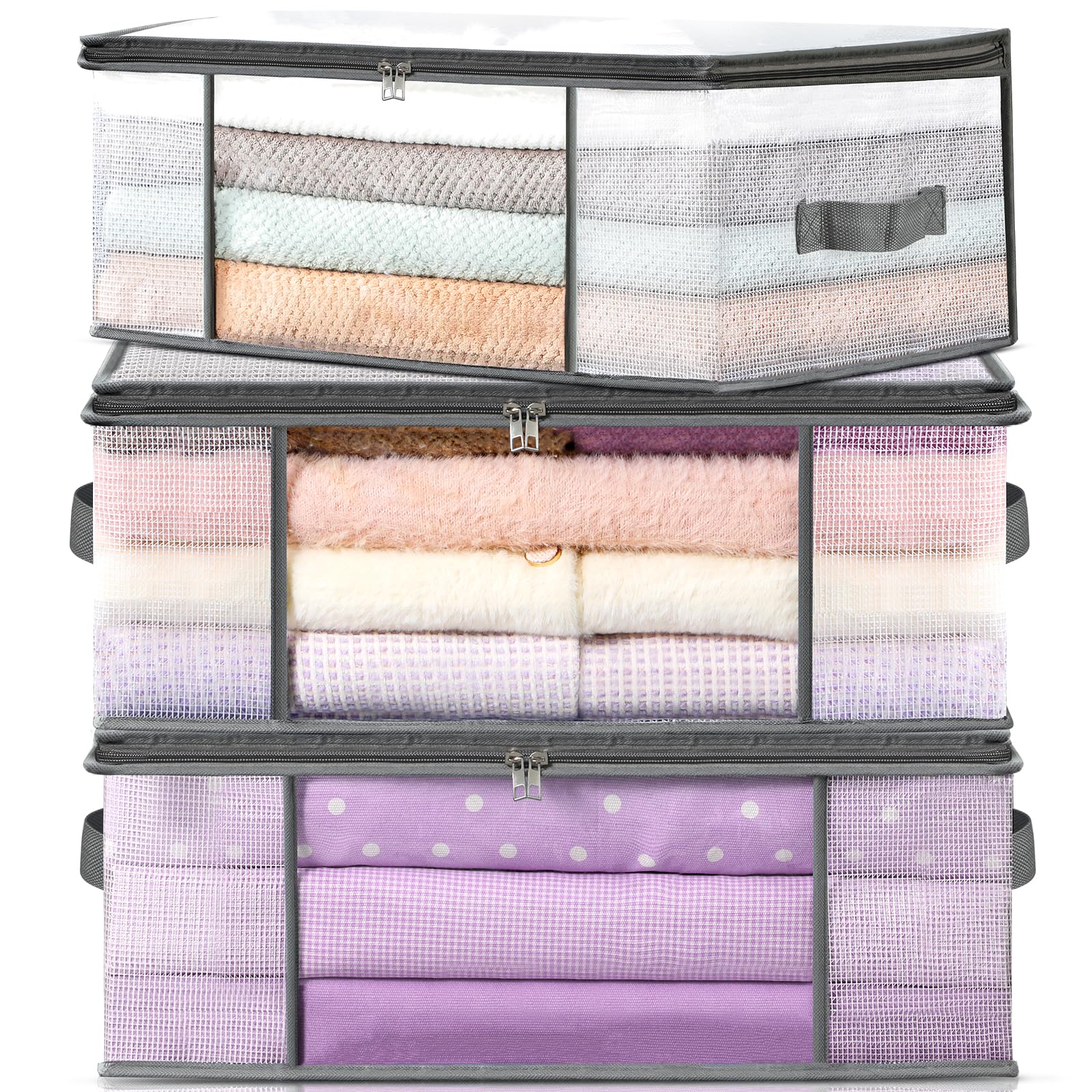 LANDNEOO 3-Pack Clothes Storage Bags Plastic Foldable Blanket Storage bins Closet Organizer Container for Bedroom Bedding Comforters Pillows