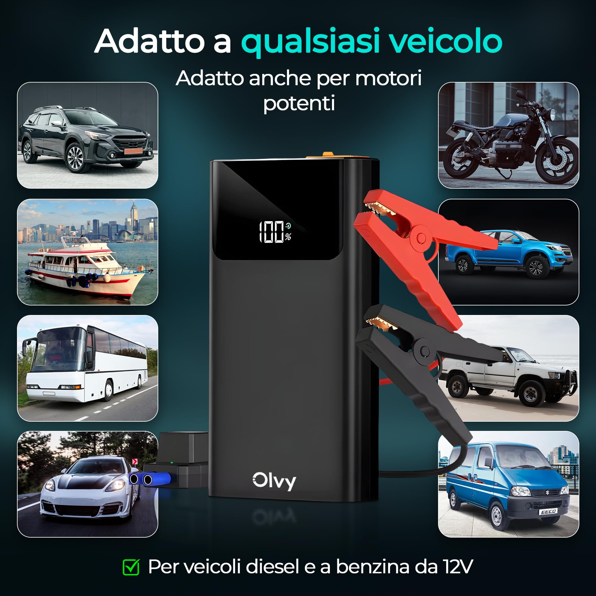 Olvy Rozrusznik 2 w 1 i power bank – szczyt 1500 A, przenośny wzmacniacz akumulatora samochodowego 12 V z inteligentnymi zaciskami, latarka LED, wyjście USB/typu C, do samochodów, ciężarówek