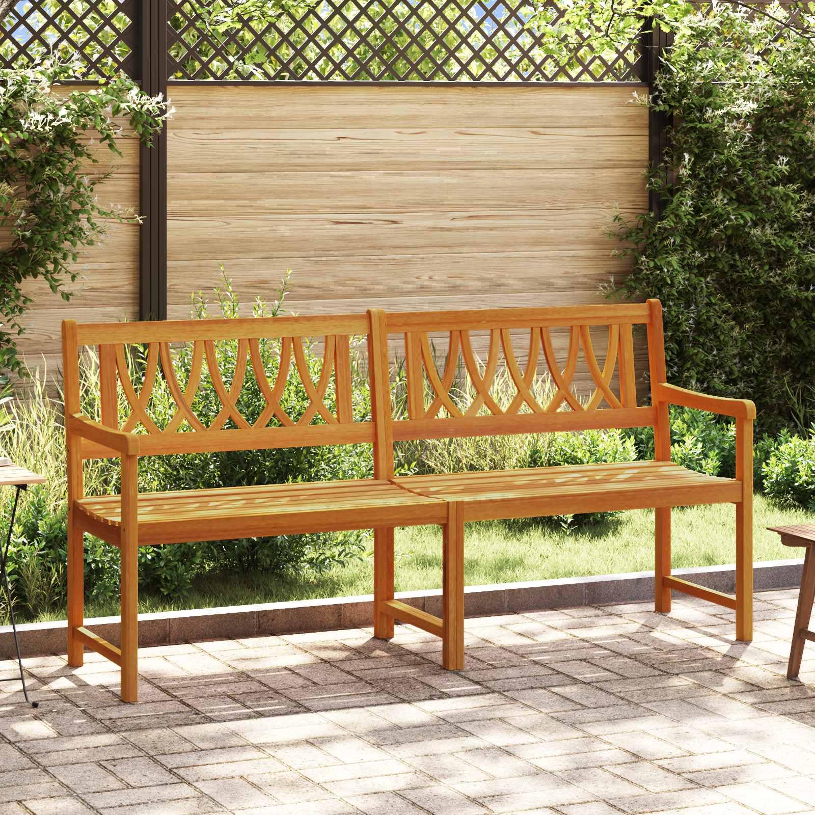 Banco de jardín rústico de madera maciza de acacia barnizada, 180 x 55,5 x 90 cm, con reposabrazos, grano de madera natural, banco para exteriores, fácil de limpiar