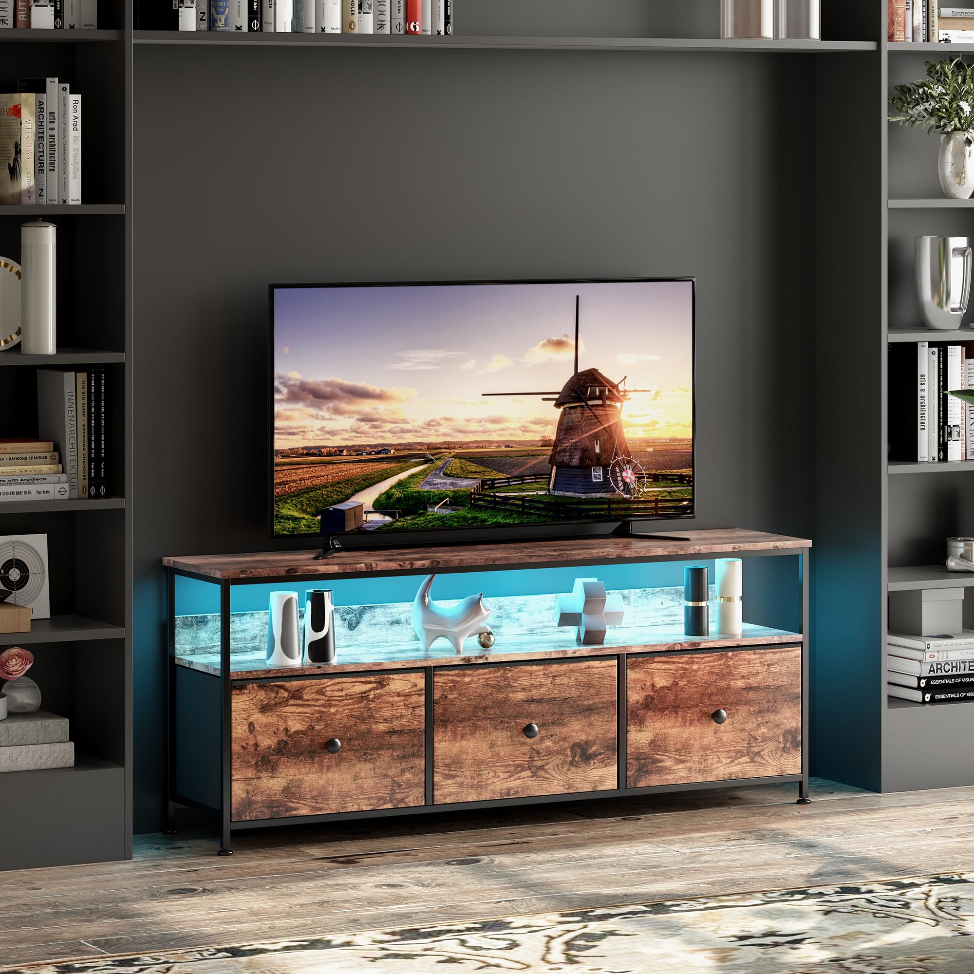 MINGZHE Armadio TV, Tavolo TV Retrò, Supporto Multimediale, Supporto TV con Cassetti, Centro di Intrattenimento, Console Multimediale, Supporto TV per Soggiorno, Retrò, Marrone 108x30x57 cm