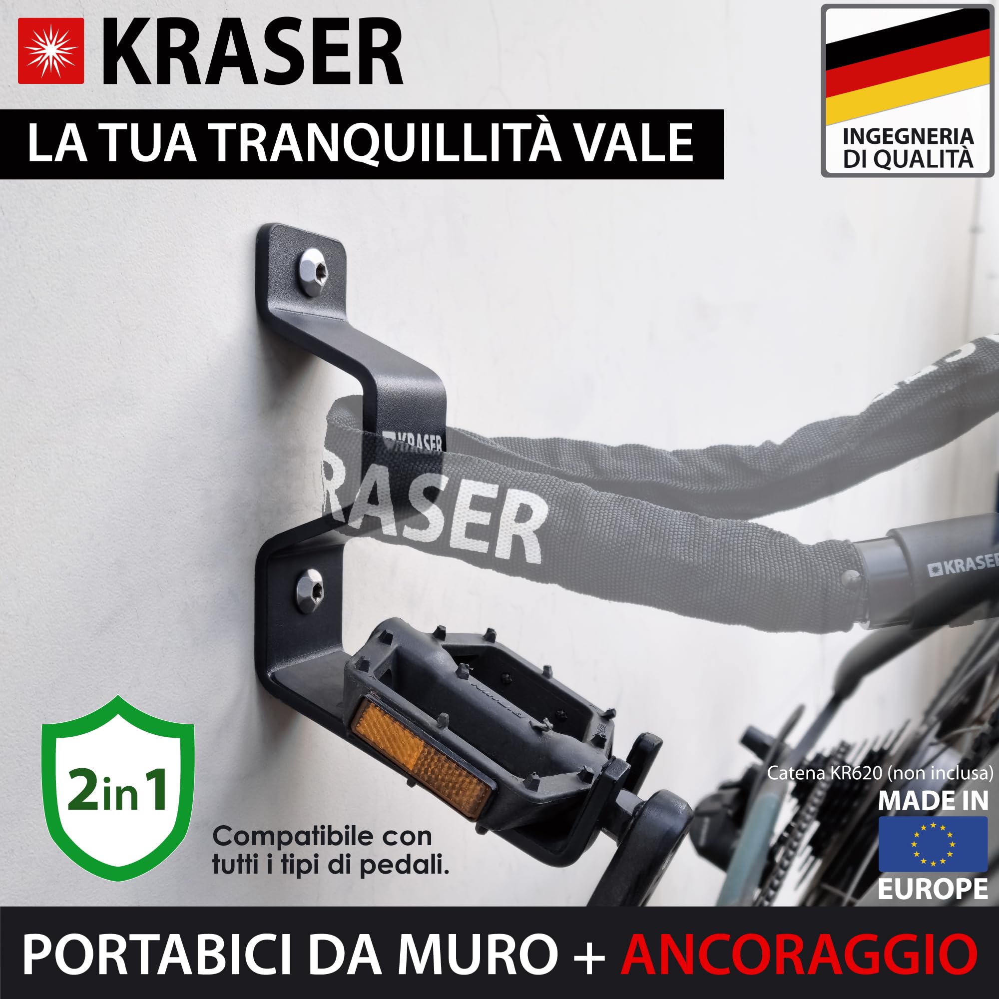 KRASER KR42P Porta Bici da Muro con Gancio Ancoraggio Antifurto 2in1 | Gancio Pedale con Punto per Catena | Doppio Supporto Ruota, Acciaio Rinforzato 5 mm | Portabici da Muro Pedale E-Bike MTB Strada