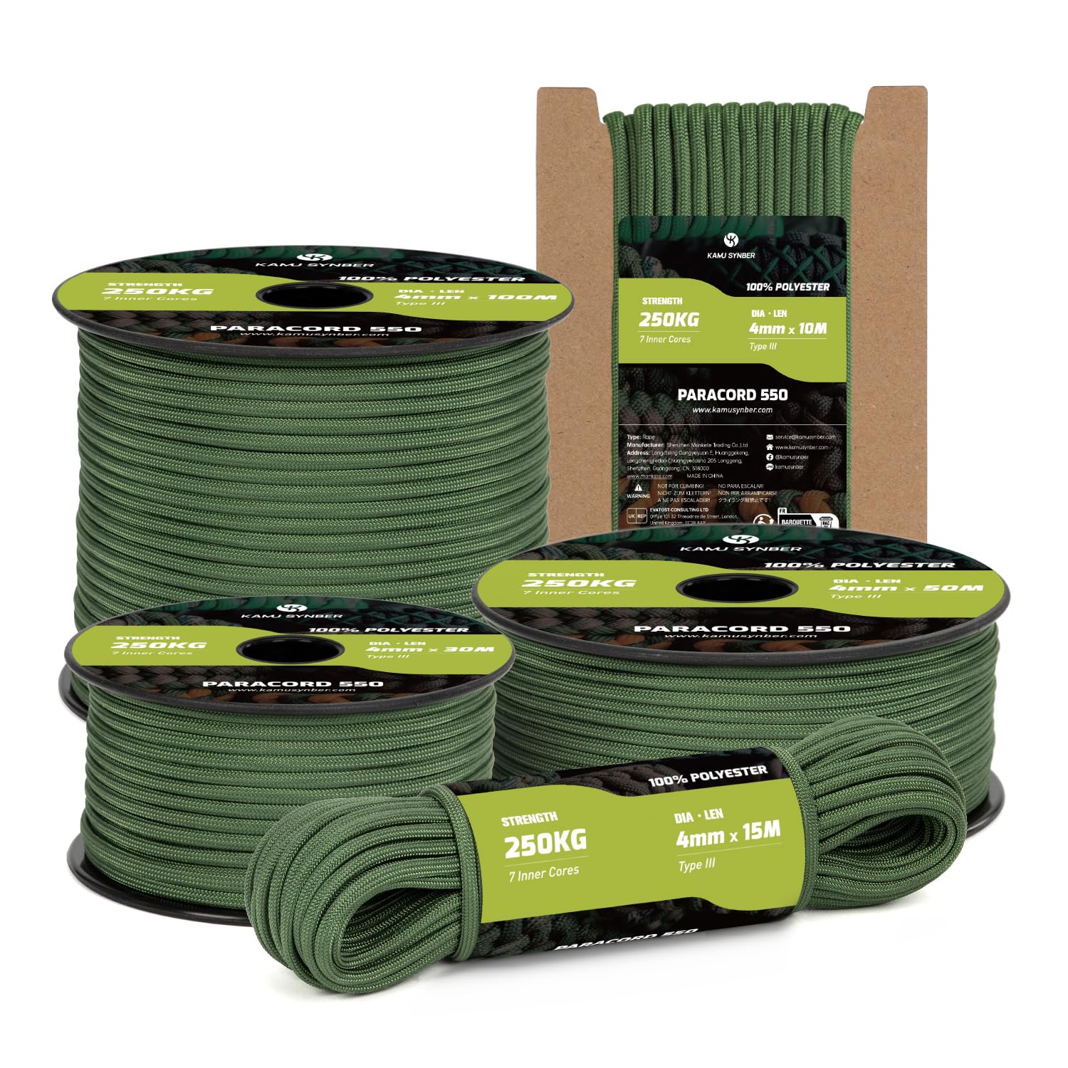 Kamu Synber Paracord 550 Type III 4mm 15m 7 Strands 100% Polyester Rope Parachute Cord Ideal for Crafting, Outdoor, Survival | Support 250kg | Forest Green