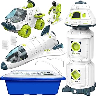 4-in-1 Space Toy Set: Space Shuttle, Space Capsule, Space Rover, Space Station, 3 Astronauts Figure, and Multi-Purpose Storage Bin, Spaceship Rocket Toys for Any Interstellar Mission Adventure