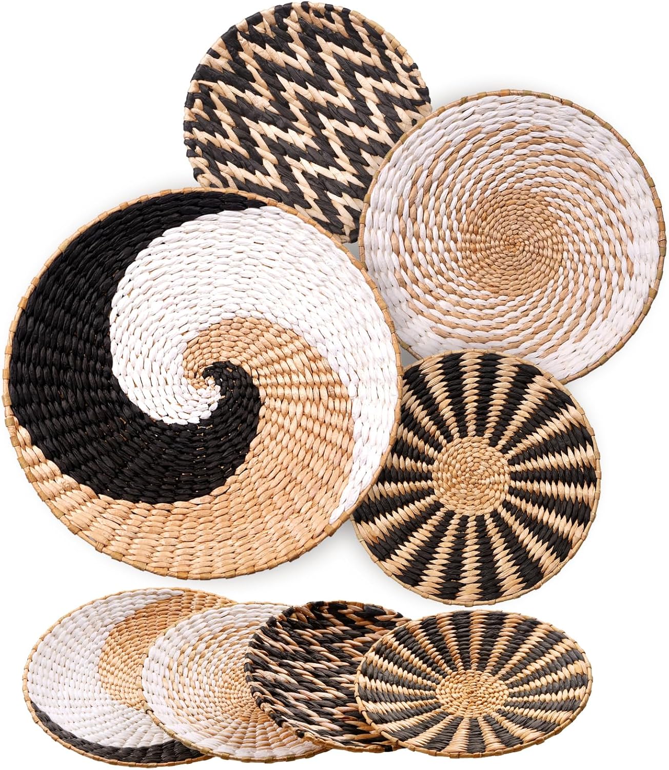 Hanging Woven Wall Basket Boho Decor Set, 4 Unique Handmade Seagrass Rattan Round Baskets Wall Decoration for Home Living Room Bedroom Rustic Coastal Farmhouse - Ready to Hang with Nails Included