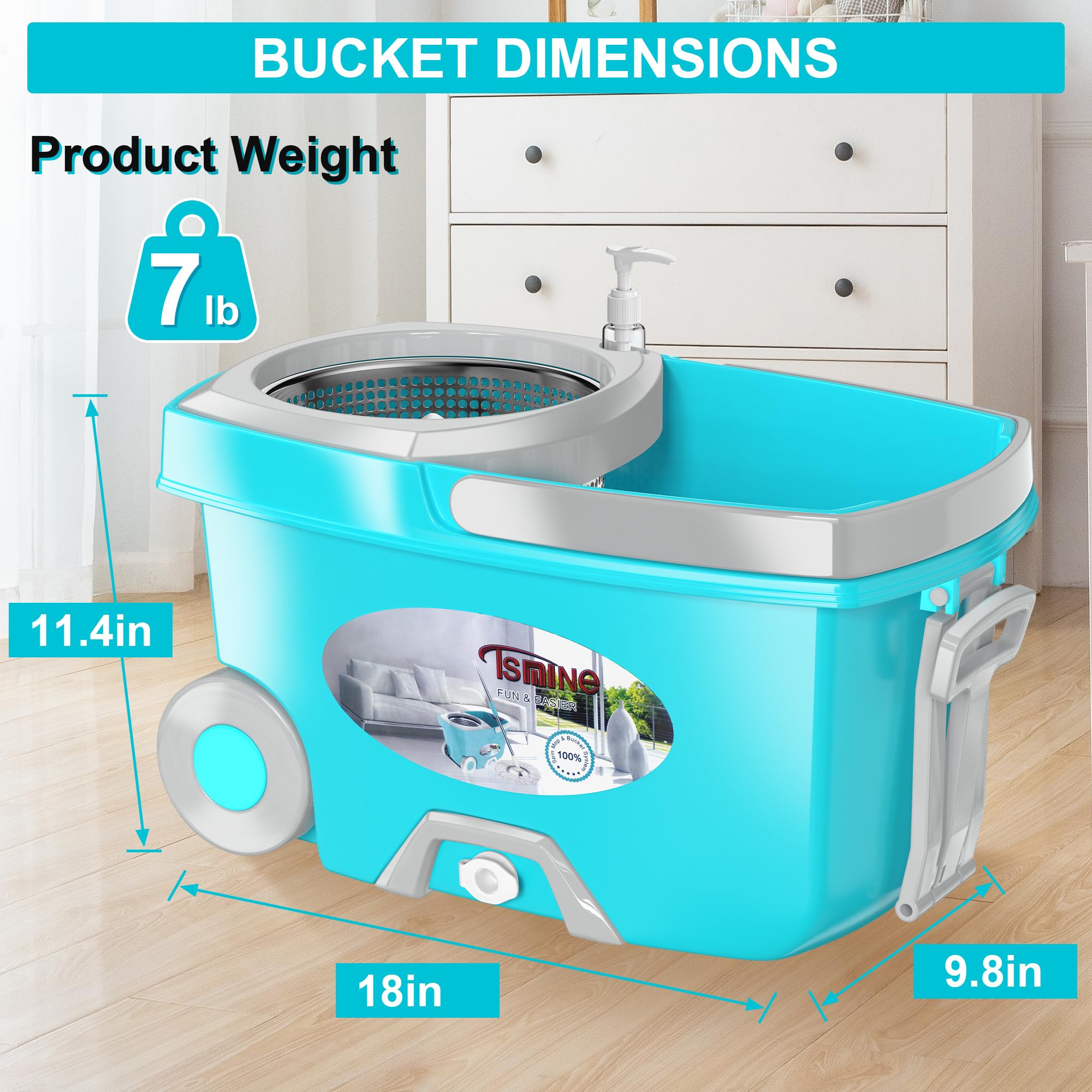 FunClean - Trapeador Giratorio y Cubo, fregona y Cubo con escurridor para el hogar, Herramienta de Limpieza de Suelos giratoria de 360 Grados con 6 recambios de Cabezal de Repuesto de Microfibra,