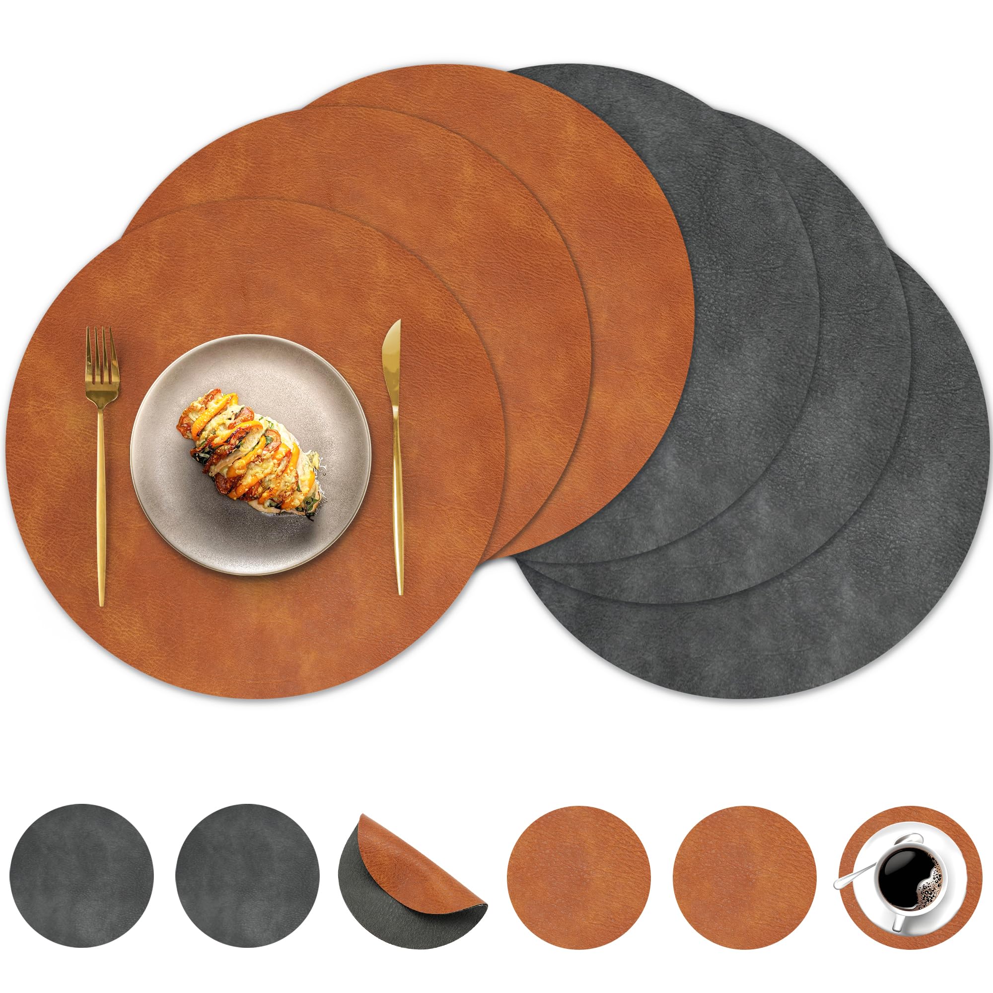 Juego de 6 manteles individuales redondos y reversibles, lavables, de piel sintética, con patrón de piel de vaca, antideslizantes, para cocina, 15 pulgadas (6, negro y marrón)