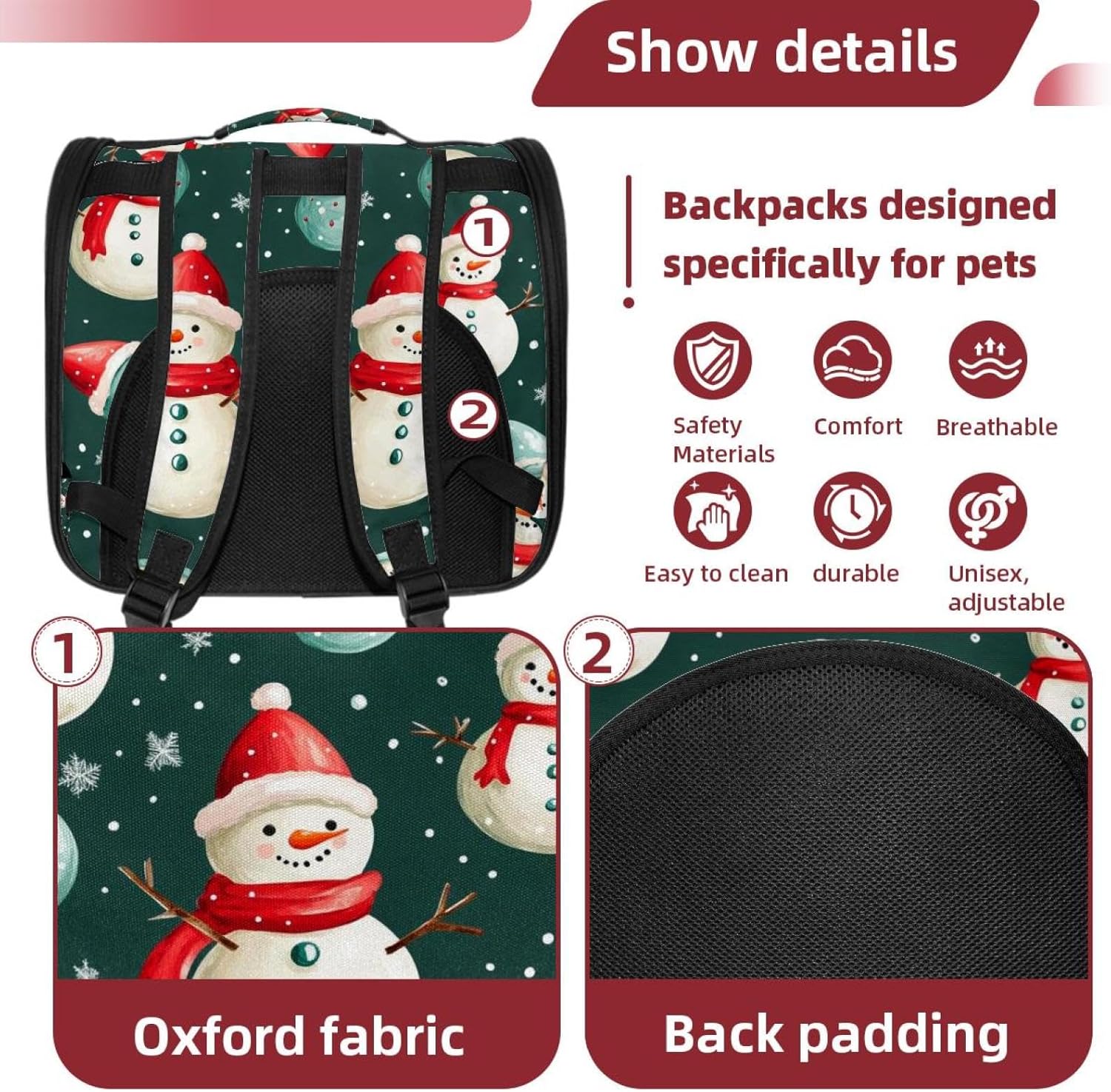 Portable Travel pet Backpack Carrier Hamster Bag Small Dog cat Carrier Breathable Hang Bag, Merry Christmas Snowman