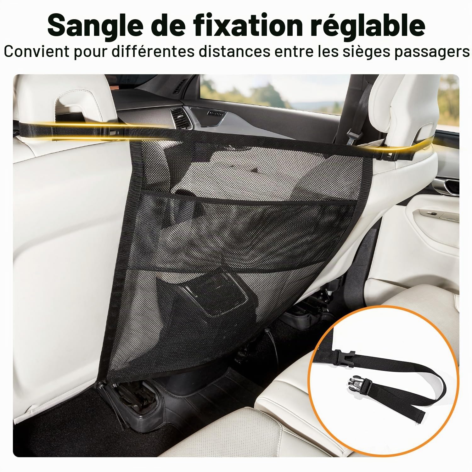 GGW Grille Pare-Chien pour Siège Arrière Voiture avec Poches, Universel | Filet de séparation pour siège avant. Barrière de sécurité contre les chiens pour siège arrière. Ajustement universel.