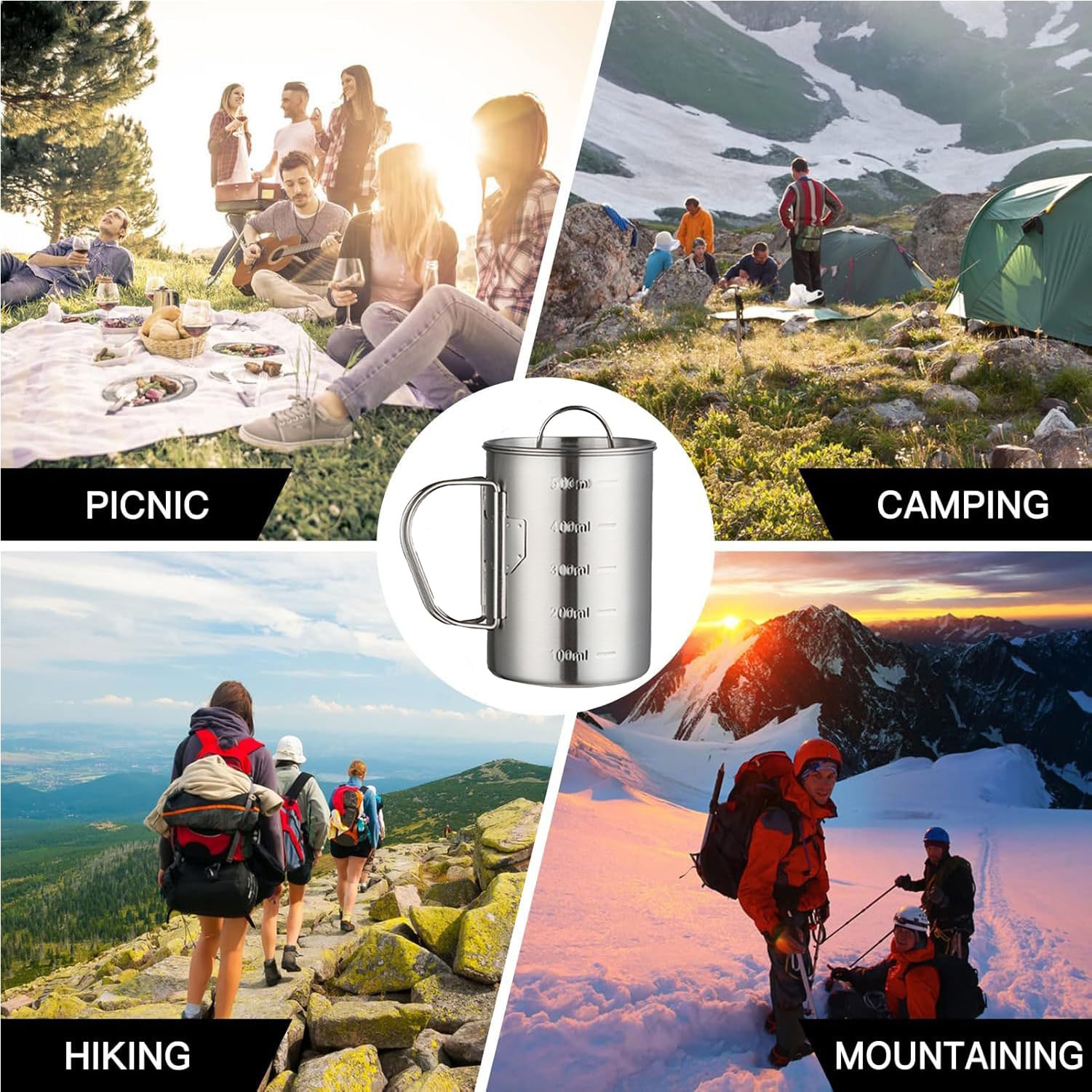 Glamora Tazza da campeggio in acciaio inossidabile,con Maniglia Pieghevole Ultra Leggero Portatile 500ml Acqua Tazza,Per Picnic Escursionismo Campeggio Escursionismo