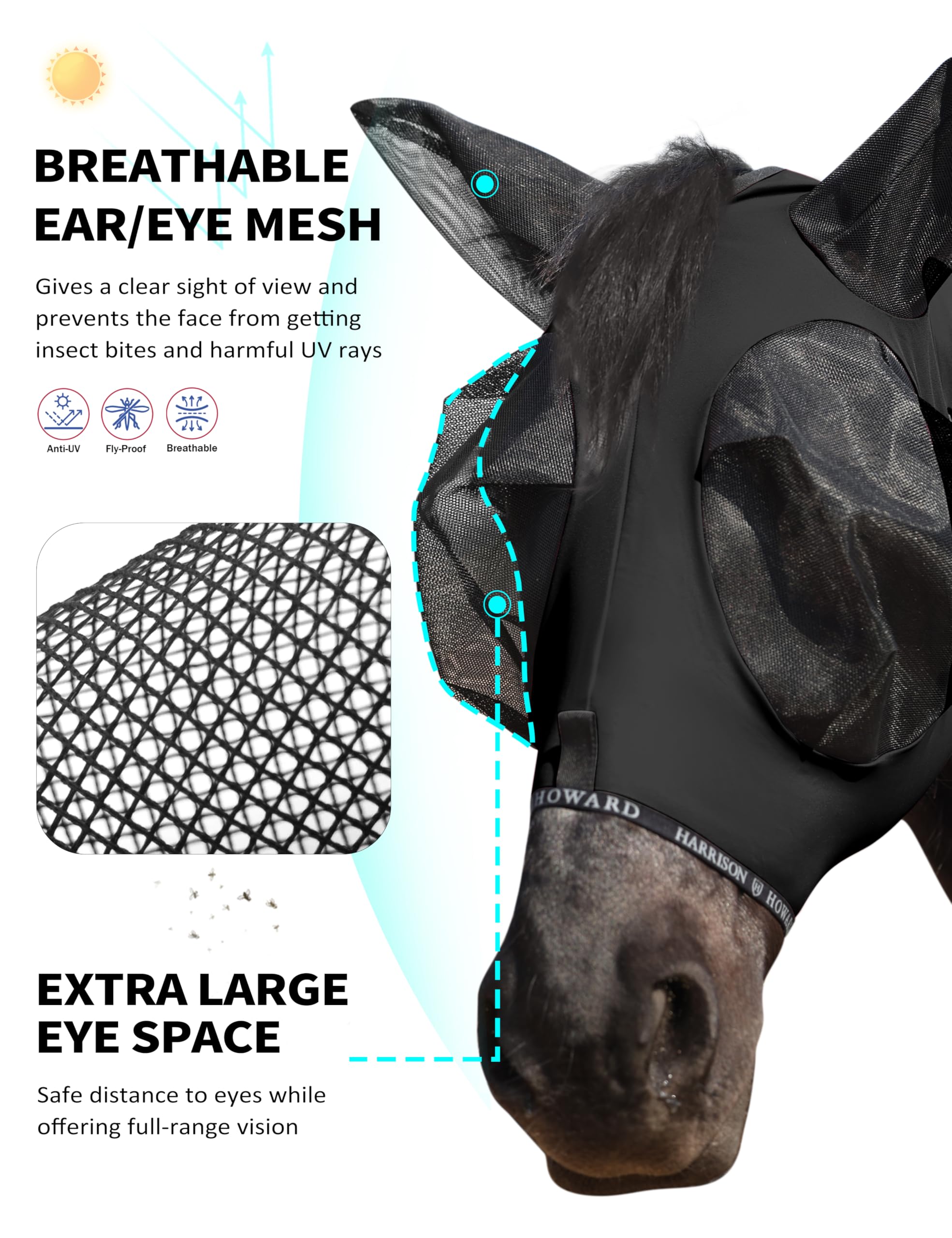 Harrison Howard Horse Fly Mask with Forelock Opening Stretch Breathable and Comfortable for Horses UV -Protection Black L