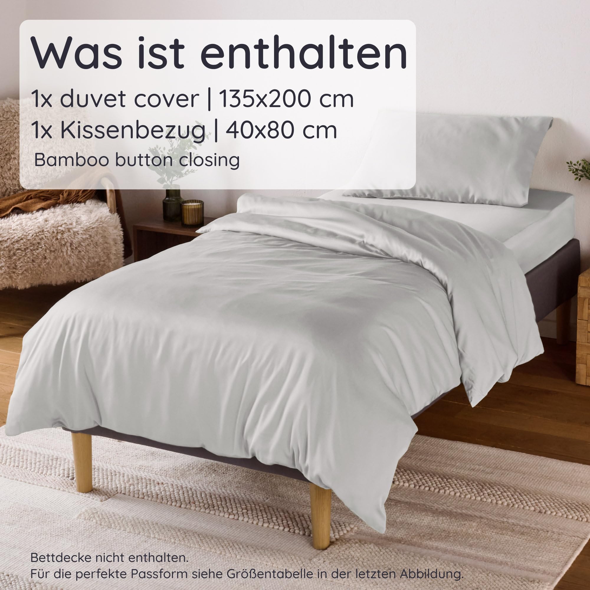 Bambaw Kühlende Bettwäsche Bambus 135x200 cm, 2-Teilige Set (Hellgrau)