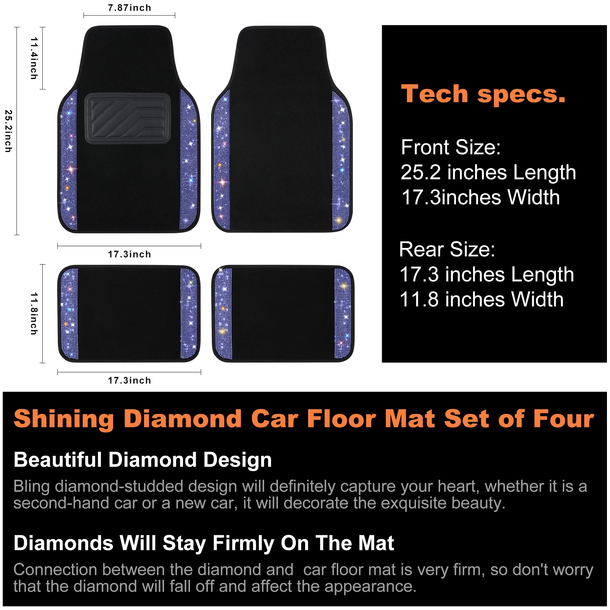 VarCozy Shining Rhinestones Floor Mats for Cars Sparkly Glitter Crystal Car Floor Mats with Anti-Slip Heel Pad for — view 6