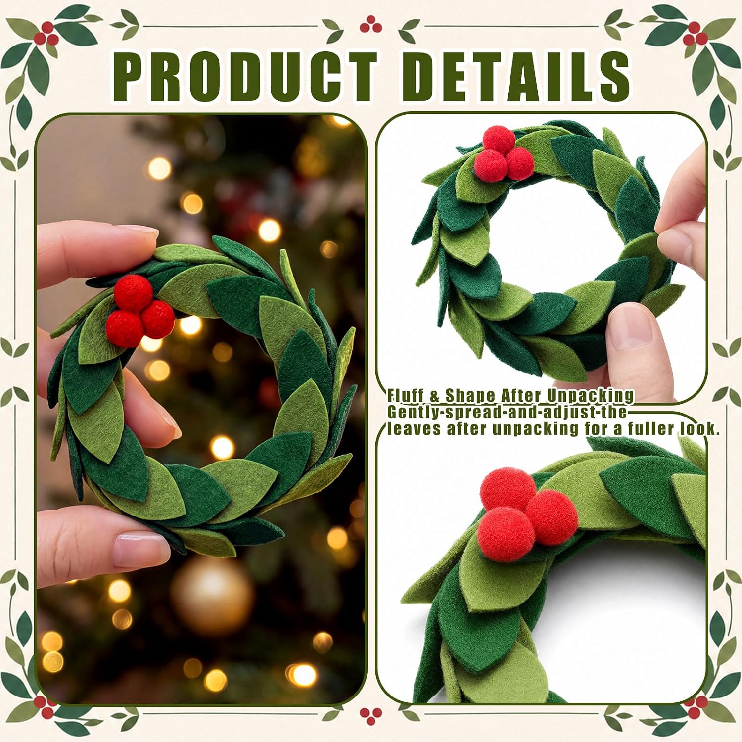 Cindeer 12 Pcs Mini Felt Christmas Wreath with Red Berries 1.75" Xmas Decor