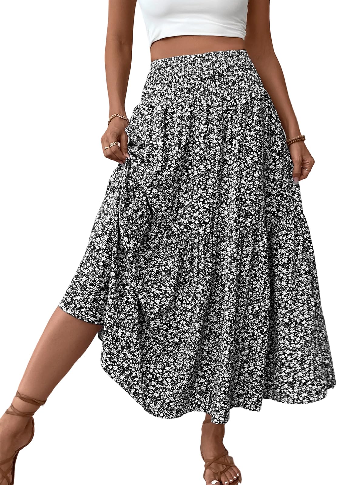 LIAMERHE Jupe Longue Femme d'été Maxi Jupe Bohème Ligne A Taille Haute Élastique Jupes Imprimé Jupe de Plage Jupe de Loisirs Décontractée Chic Taille Unique