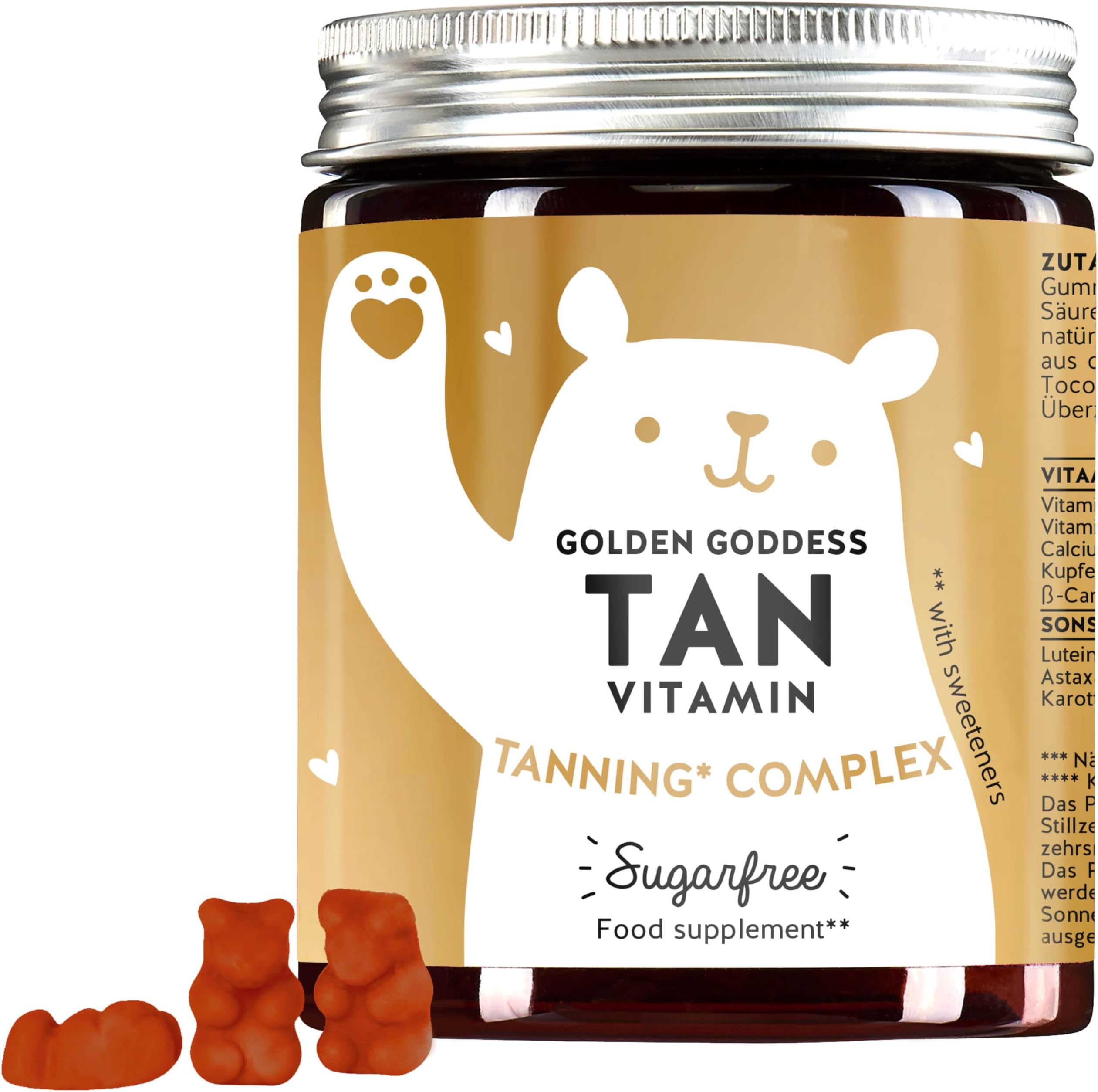 Golden Goddess Tan Vitamin - Tanning Complex - Vitamin C, E, beta-Carotene, Calcium and Copper - 60 Pieces (1 Month Supply) - Sugar Free, Vegan - Bears with Benefits