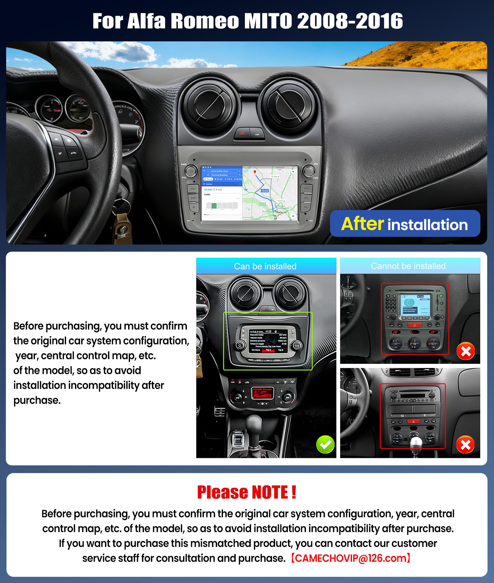 CAMECHO [4+64 GB] odtwarzacz samochodowy z systemem Android 15 dla Alfa Romeo Mito (2008–2016) z bezprzewodowym Android Auto i CarPlay nawigacją ekran dotykowy 7 cali Bluetooth WiFi FM/RDS EQ