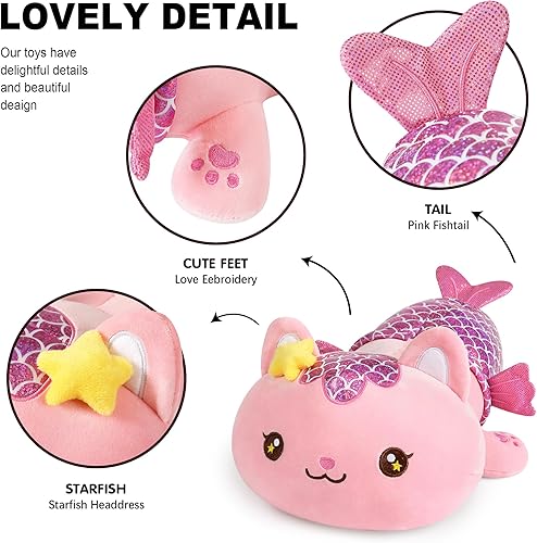 Miniatura 3 de Onsoyours Lindo gatito sirena de peluche de gatito, suave almohada de felpa de gato sirena para niños (sirena gato rosa, 12 pulgadas)