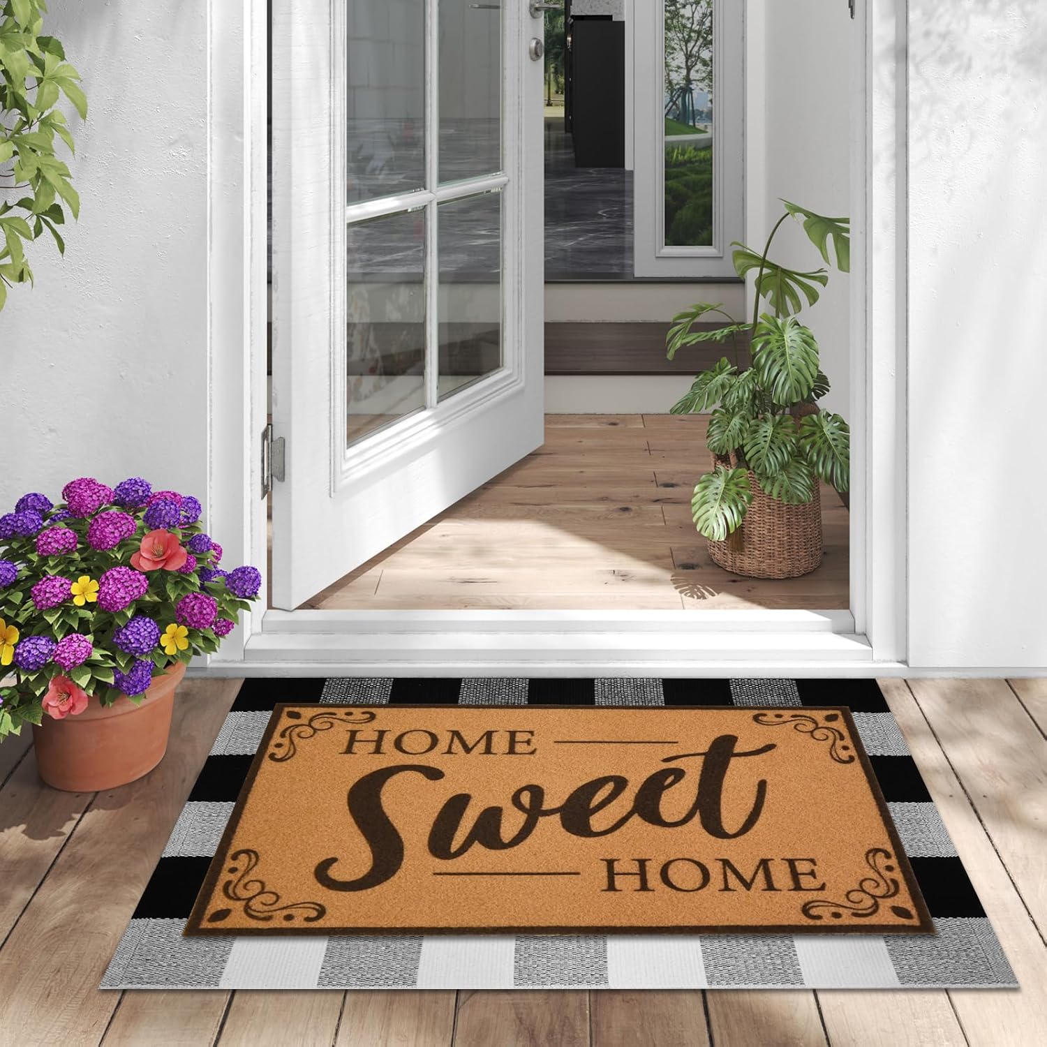 2 Pcs Funny Coir Door Mats for Outdoor Nonslip Home Sweet Home Front Doormat Durable Door Entrance Welcome Mat 2-in-1 Buffalo Plaid Rug for Front Porch Entryway Decor, 17x 30