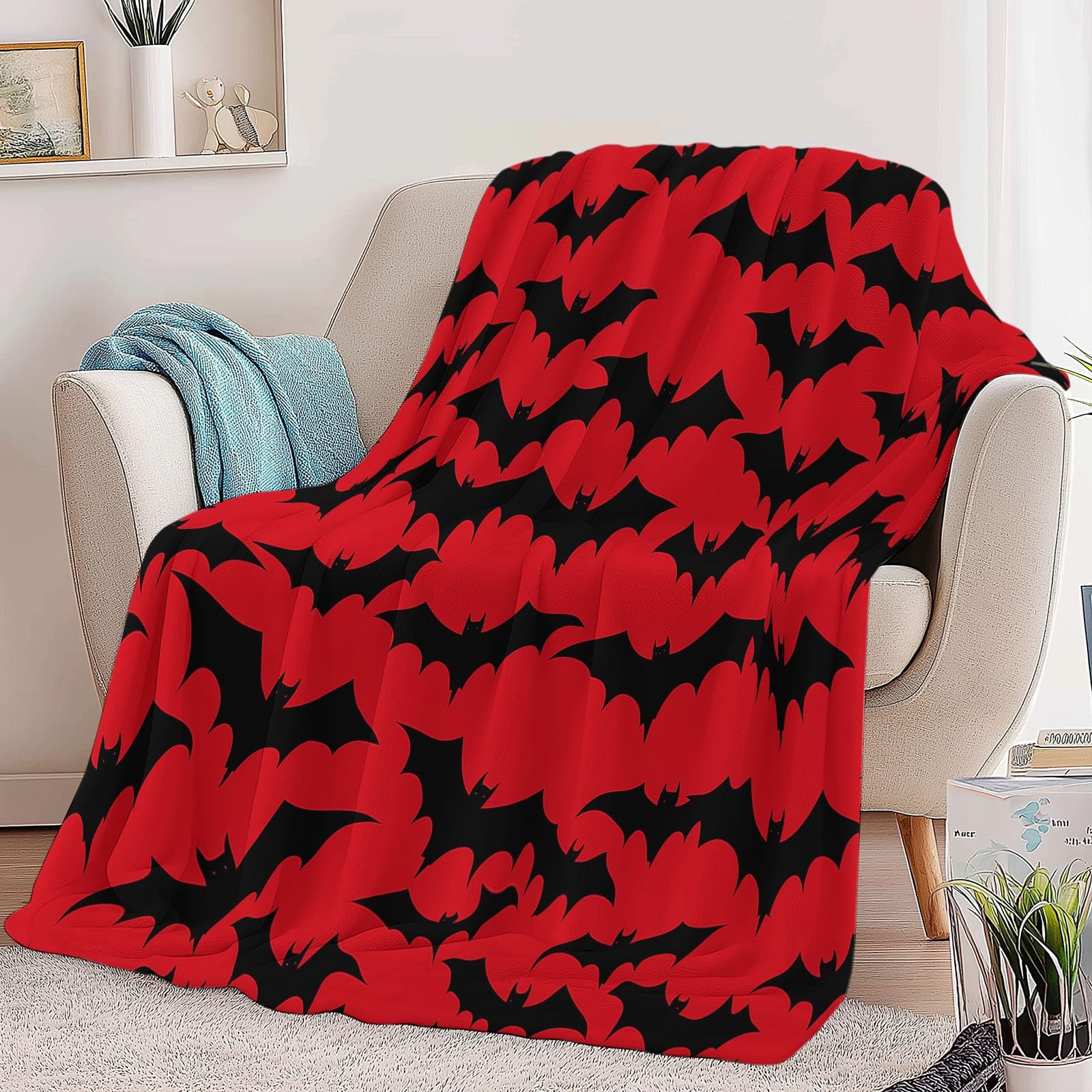 Genérico Koc flanelowy nietoperze Halloween Koce Sherpa 220 x 240 cm Miękki Ciepły Koce z Mikrofibry, Czerwony Sofa Koc Wełniany Kemping Sypialnia Salon Wystrój Domu
