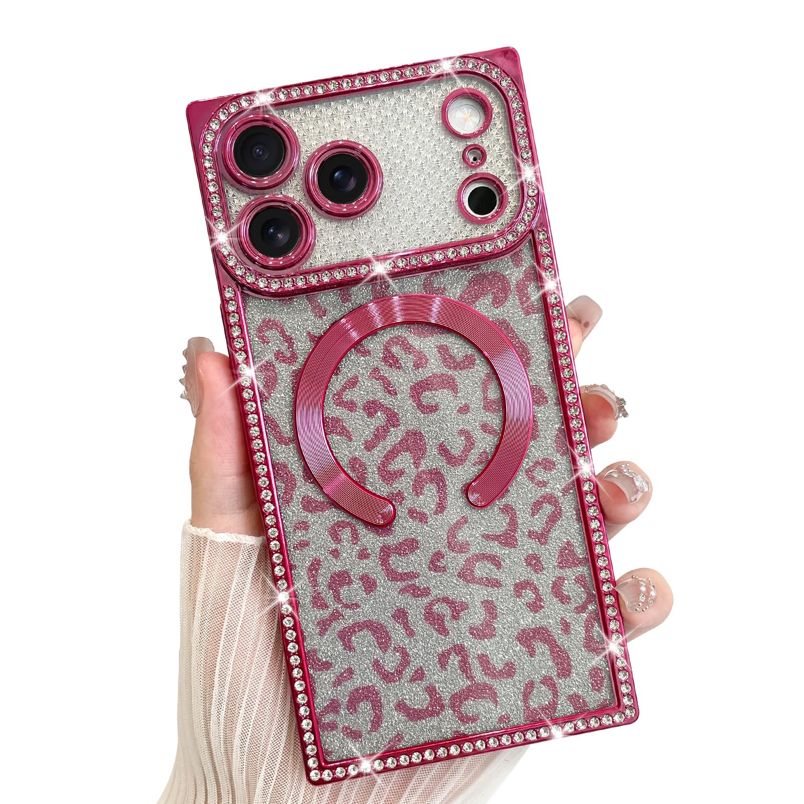 Coque iPhone 17 Pro paillettes motif léopard rose vif compatible MagSafe - 7