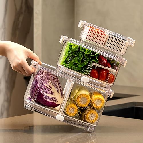 Miniatura 2 de Felli Duo Fresh Produce Saver para refrigerador, contenedor de frutas y verduras con ventilación y drenaje en la parte inferior para lavado, colador