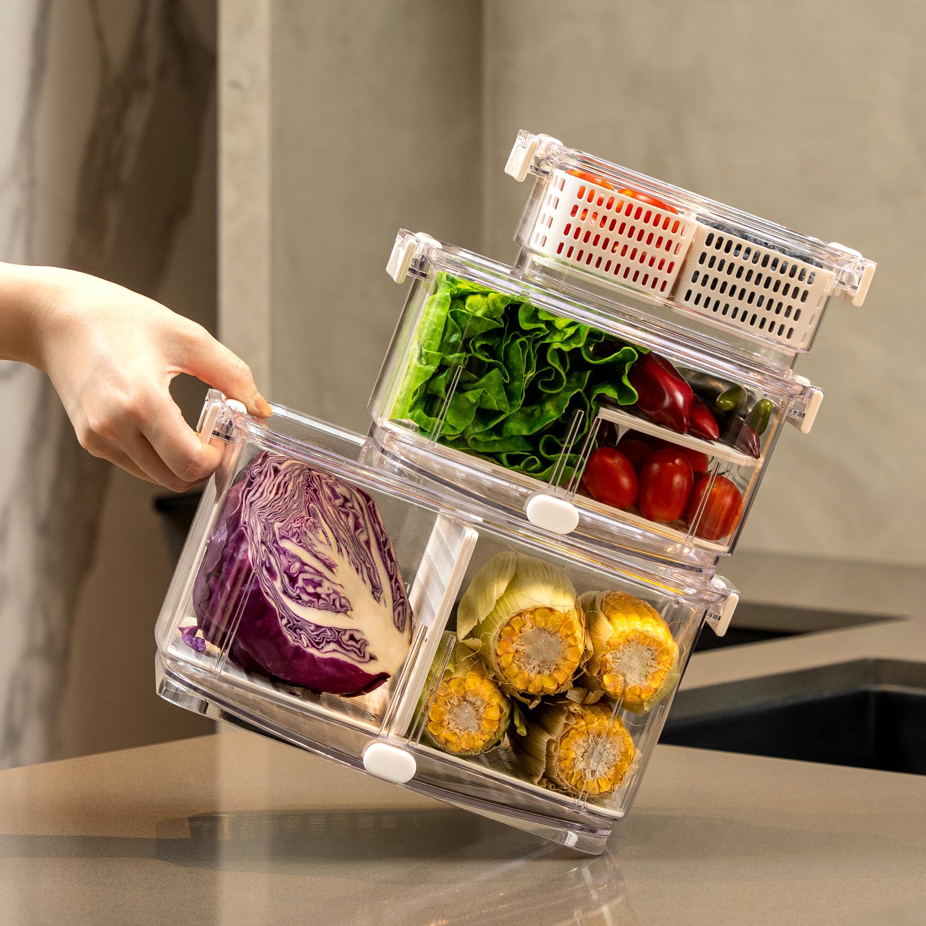 Felli Duo Fresh - Contenedor de frutas y verduras con ventilación y drenaje en la parte inferior para lavado, colador colador para refrigerador, recipiente de lechuga y bayas