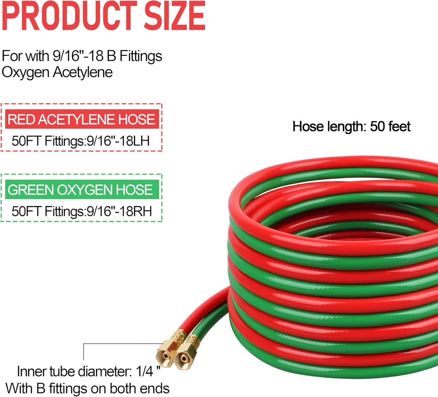 50Ft Oxygen Acetylene Hose 1/4-Inch with 9/16"-18 B Fittings,Grade R Torch Hose