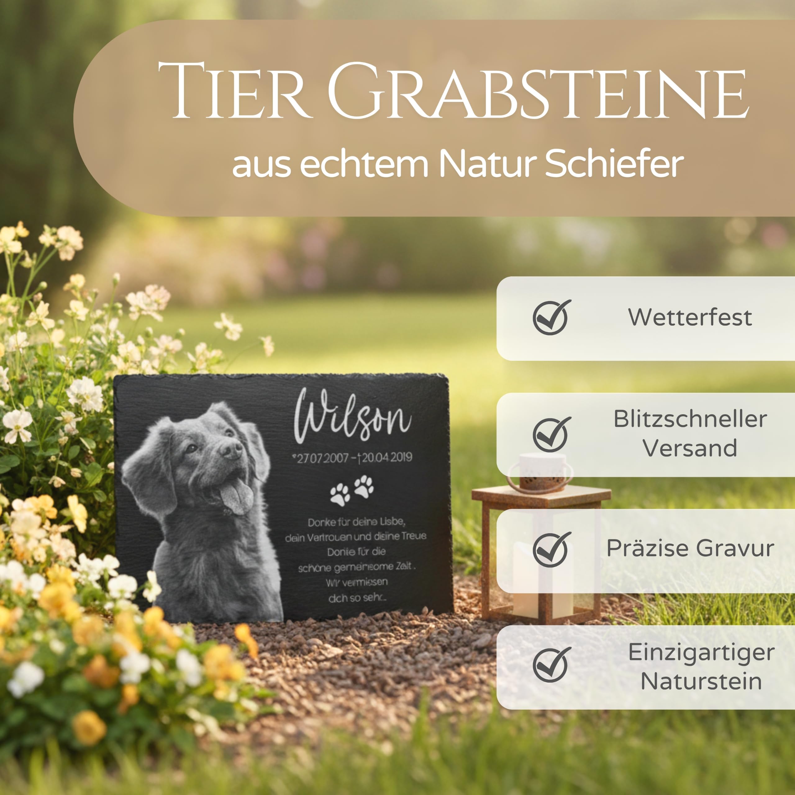 Großer Tier Grabstein Hund Katze 40x30 cm - Mit eigenem Foto & vielen Motiven - Schiefer Gedenkstein Hunde Katzen - wetterfest imprägniert als Grabschmuck für Tiergrab Hundegrab - Grabdeko Andenken