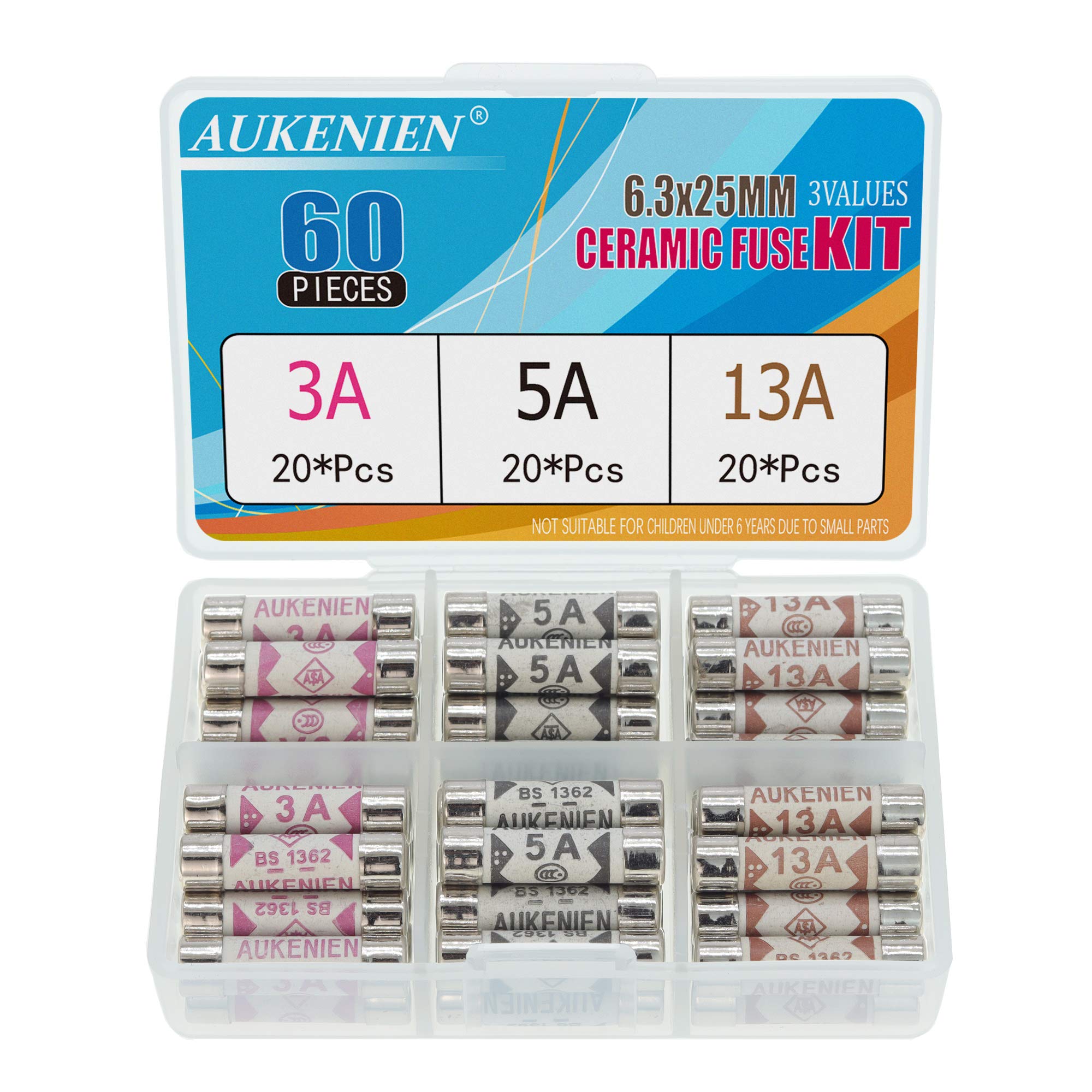 AUKENIEN 3 Values 60pcs BS1362 Fuse 3A 5A 13A 240V 3 5 13 Amp 240 Volt Fuses Assorted Household UK 6.3x25 mm 0.248x0.984 Inch Ceramic Tube Fuses Assortment Kit for Mains Plug