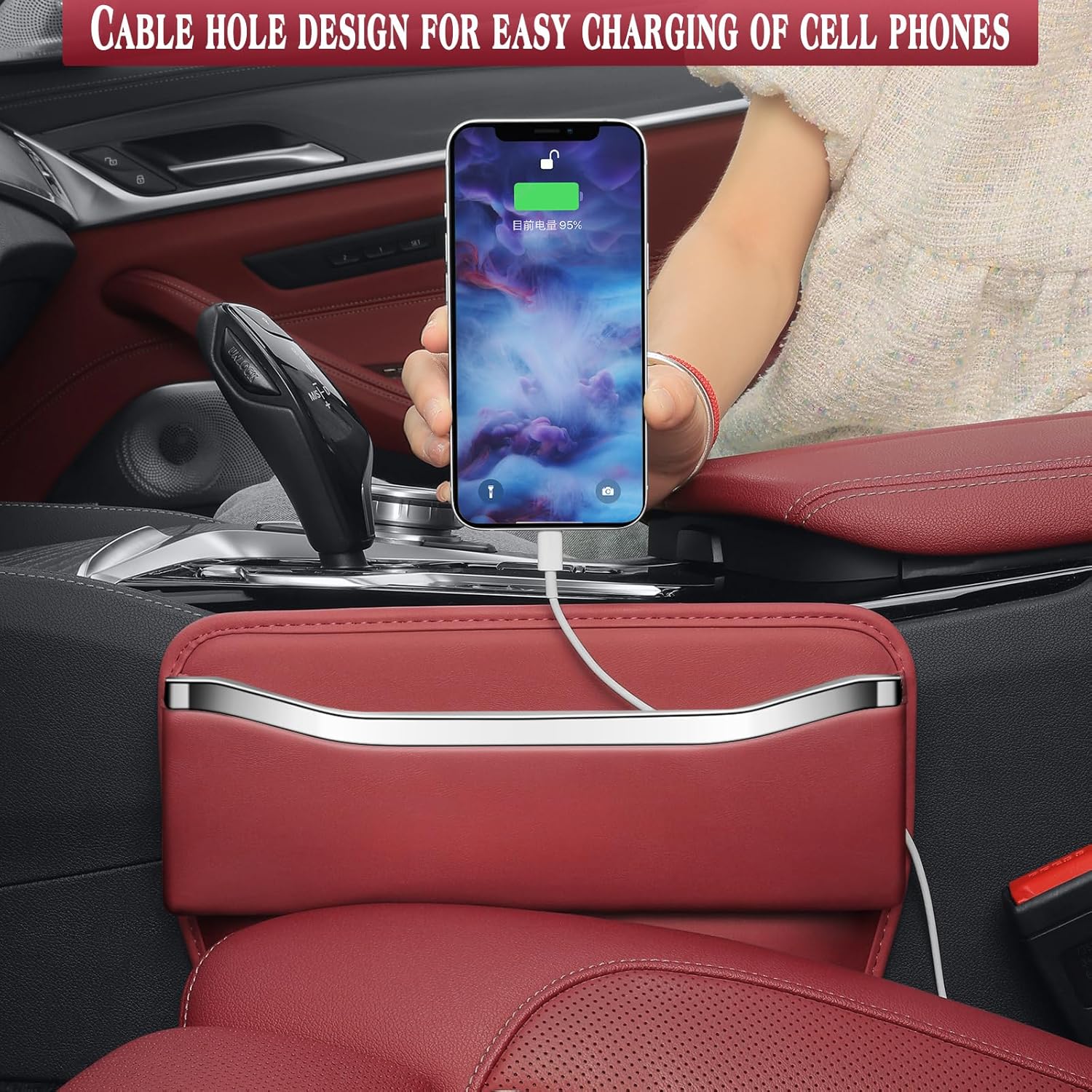 Car Seat Gap Filler - Premium Leather Car Organizer with Extra Storage - Organize and Secure Your Car Essentials - Fits Most Cars, SUV, Truck - 2 Pack - Red