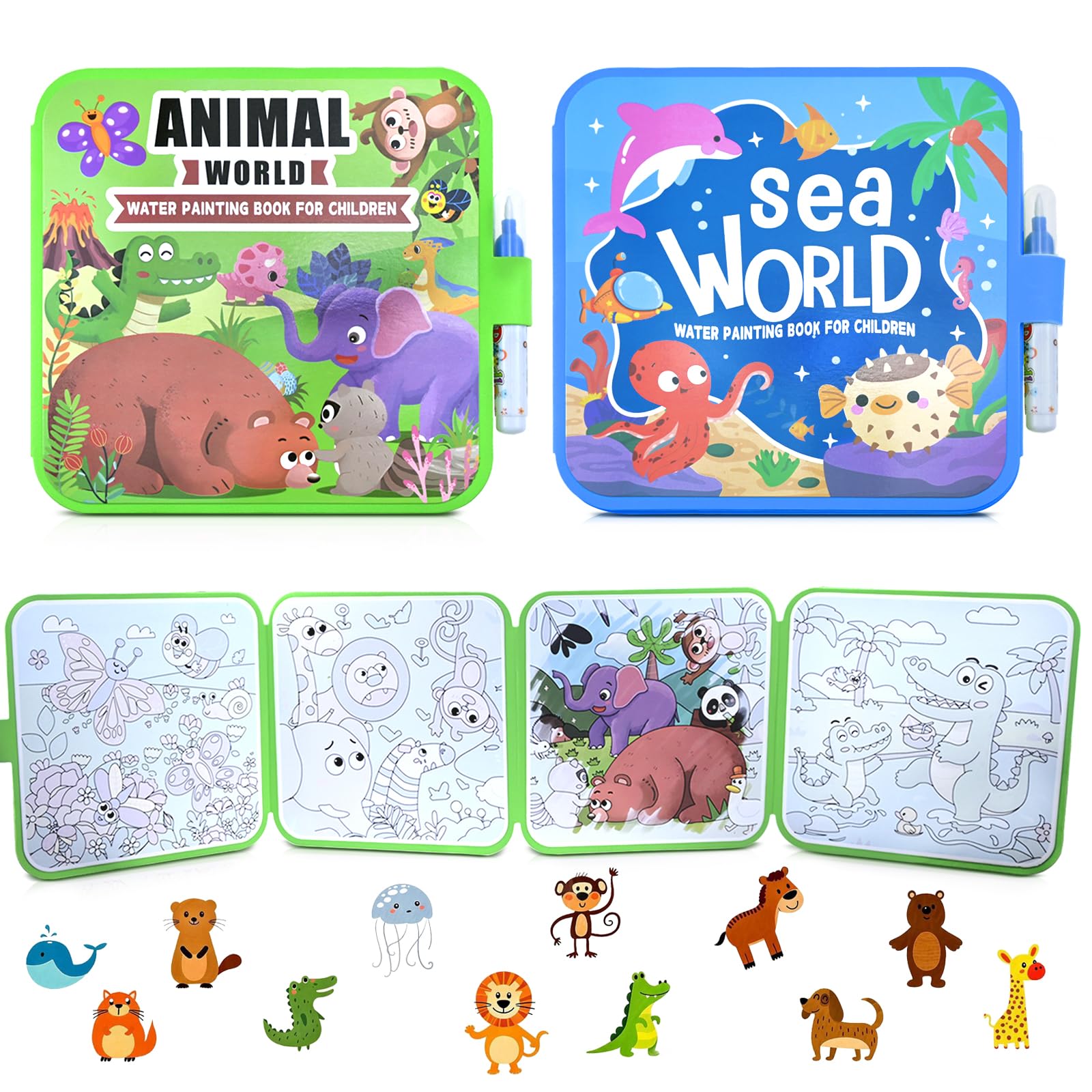 2PCS Mess Free Water Painting Book, Water Colouring Book with Water Pens, Reusable Scribble Book, No Mess Aqua Art Magic Water Drawing Kit, Gifts for Boys Girls (Animal and Underwater World)