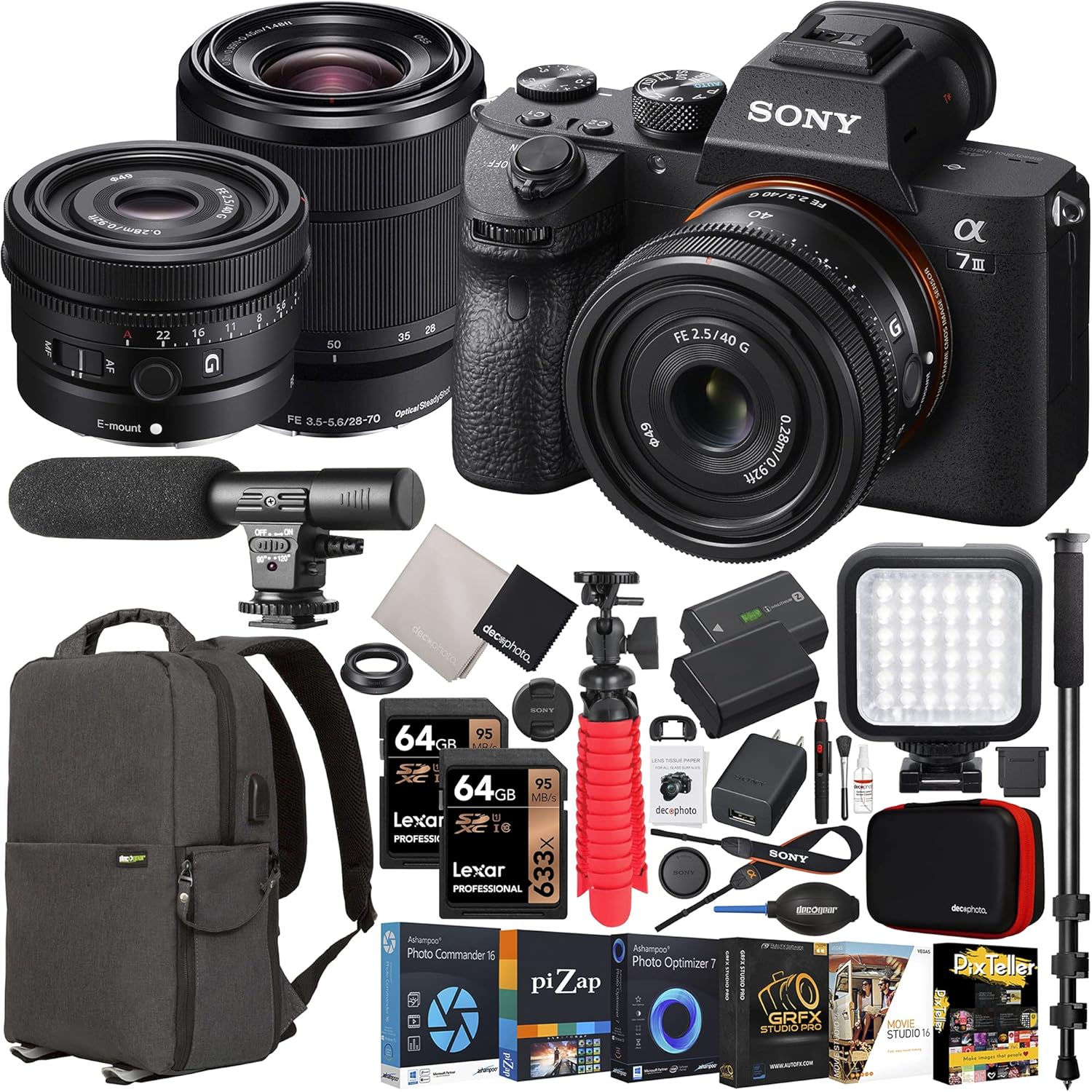Sony a7 III Mirrorless Full Frame Camera + 2 Lens Kit w/FE 40mm F2.5 G SEL40F25G + 28-70mm F3.5-5.6 OSS + ILCE7M3K/B Bundle with Deco Gear Photography Backpack Case + Microphone + LED + Accessories