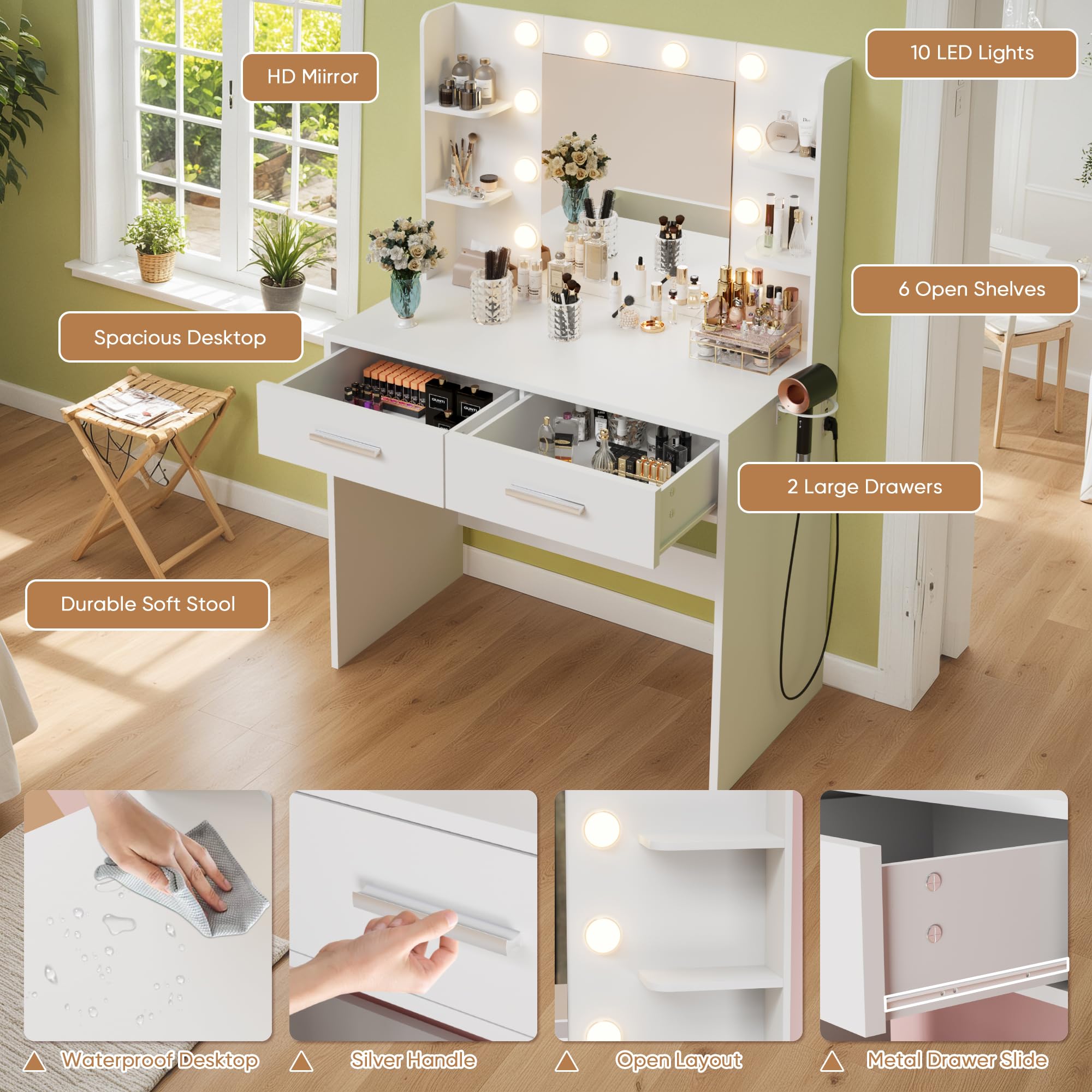 YESHOMY Vanity Desk with 3 lighting effects