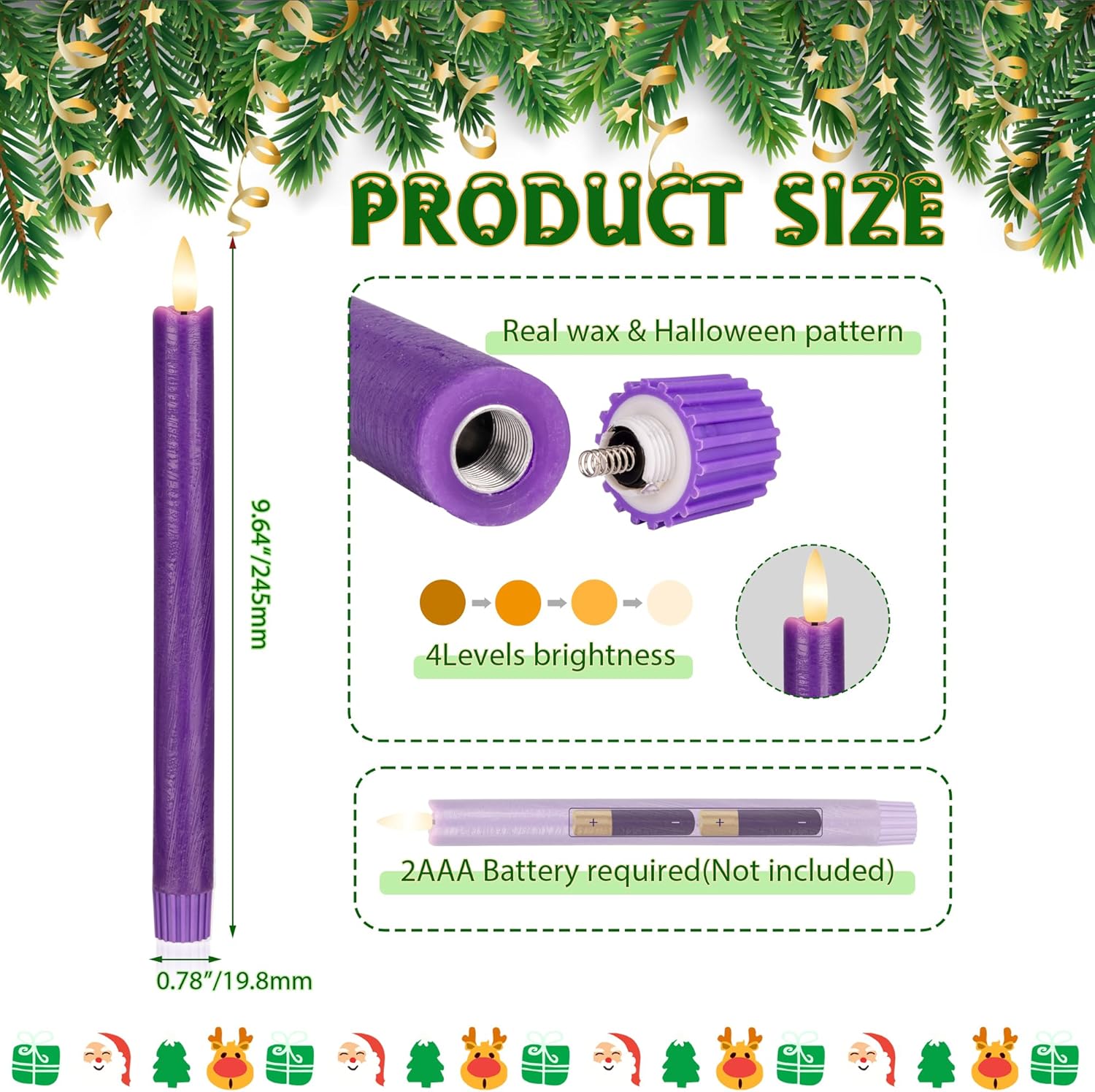 Purple Flameless Taper Candles with Remote, 6 Pack Real Wax Battery Operated Candles, 9.6 Inch Flickering Led Christmas Candlesticks Decorations for Winter Home Holiday Xmas Gift
