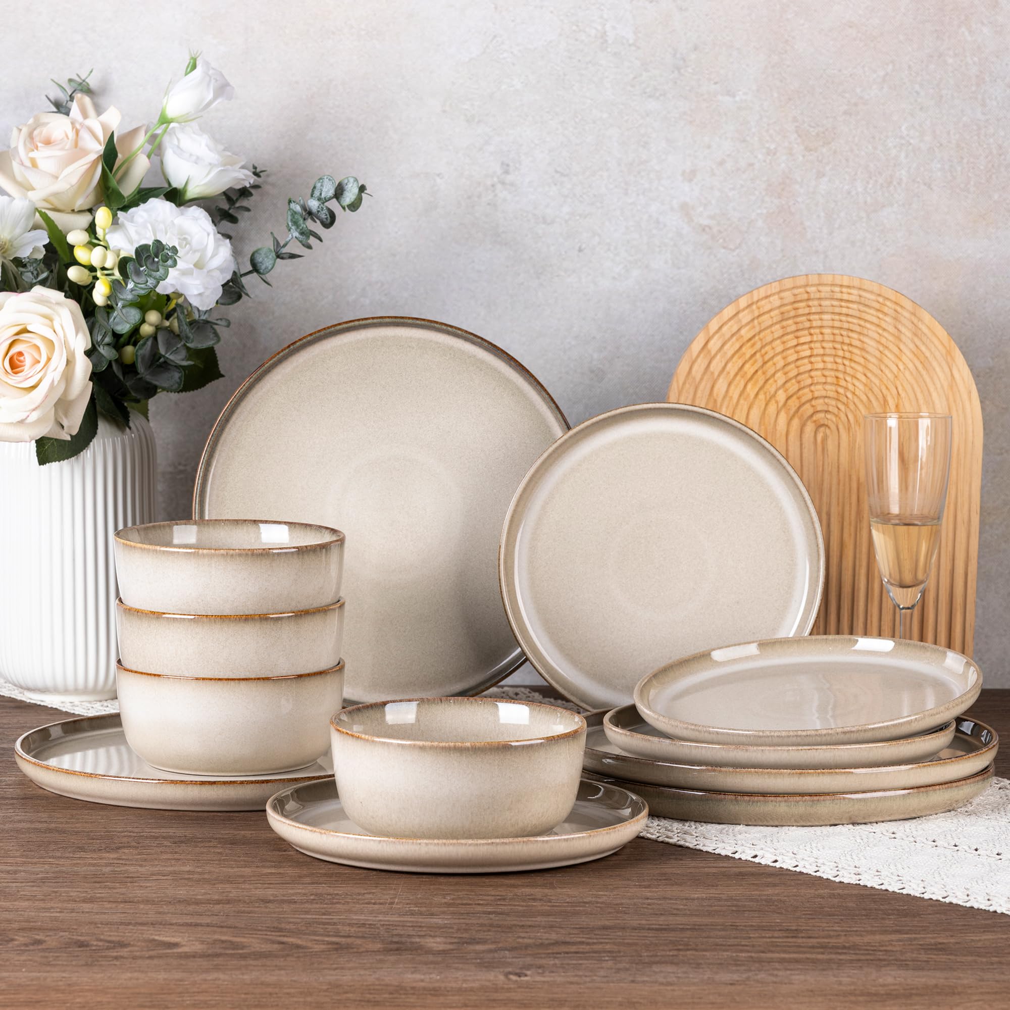 GBHOME Ceramic Dinnerware Sets for 4, 12 Pieces Stoneware Plates and Bowls Sets, Scratch Resistant Dishes, Dishwasher & Microwave Safe, Reactive Glaze-Almond Cream