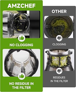 AMZCHEF Juicer Machines - Cold Press Slow Juicer - Masticating Juicer for Whole Fruits and Vegetables - Delicate Chew No Need to Filter - BPA Free Juice Extractor with 2 Cups and Brush - Grey [Energy Class A+++]