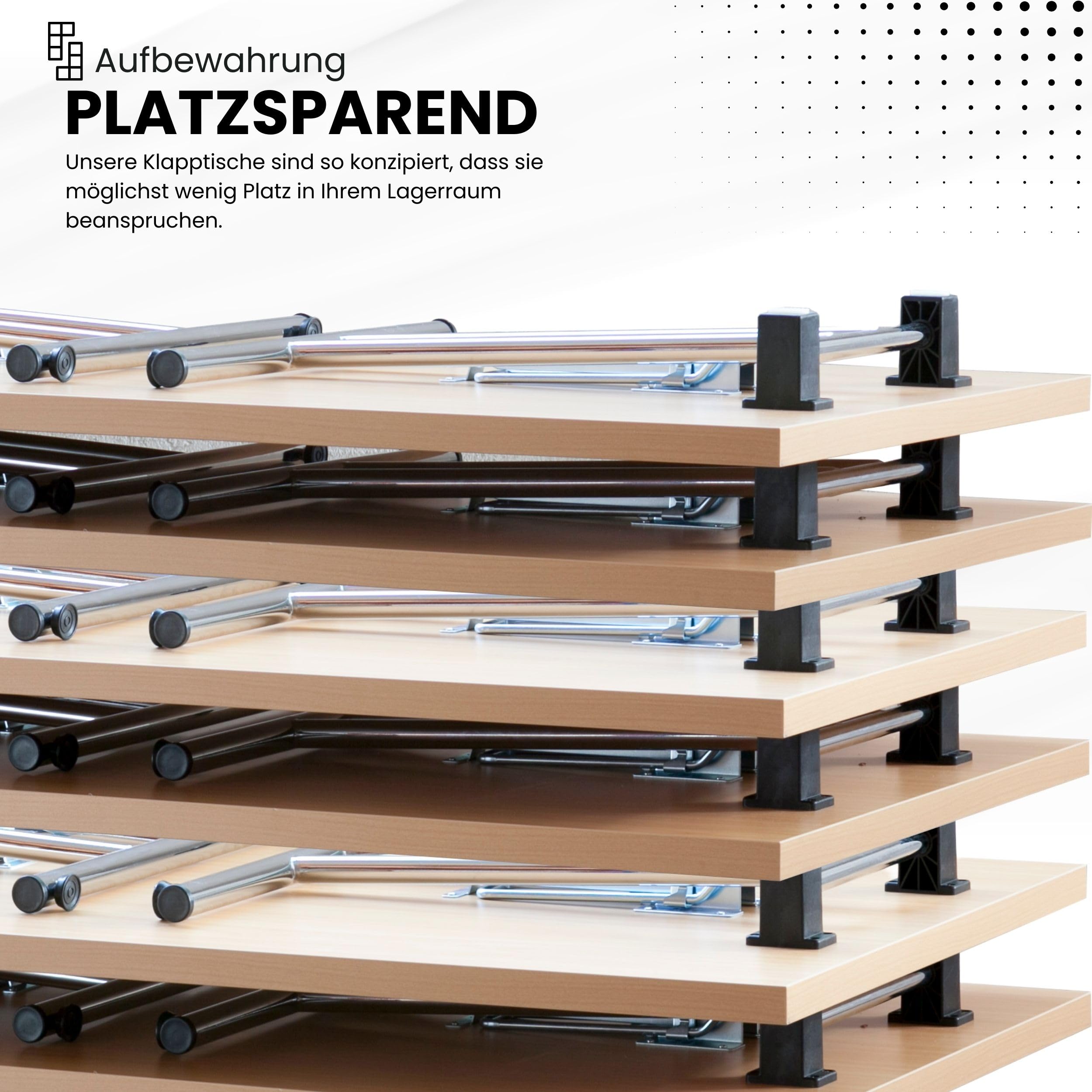 Bümö Klapptisch Buche 160 x 80 cm klappbar & stapelbar, klappbarer Schreibtisch, Klappschreibtisch, Tisch klappbar, Klappbarer Tisch, Klapptisch Holz-Platte, Gestell stabil aus Metall verchromt