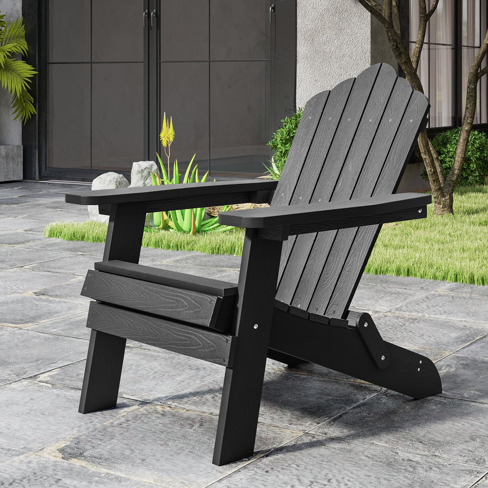 COSTWAY Adirondack krzesło składane, odporne na warunki atmosferyczne Adirondack Chair z tworzywa sztucznego, krzesło ogrodowe z wysokim oparciem i szerokimi podłokietnikami, do ogrodu, na taras,